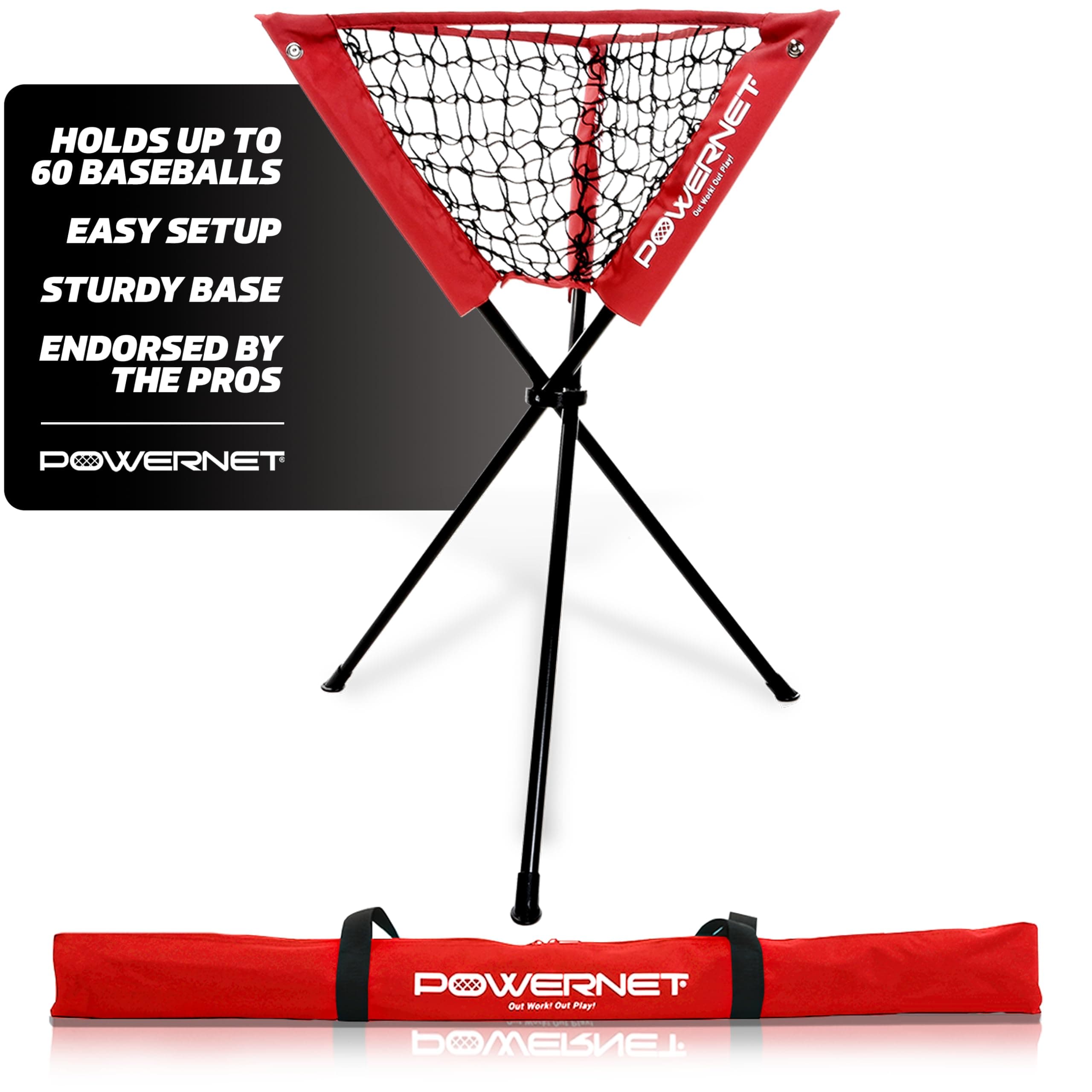 PowerNet Baseball Softball Portable Batting Practice Ball Caddy (Red) | Use During Training and Drills | Save Your Back No More Bending | Holds up to 60 Baseballs | Instant Setup | Team Colors