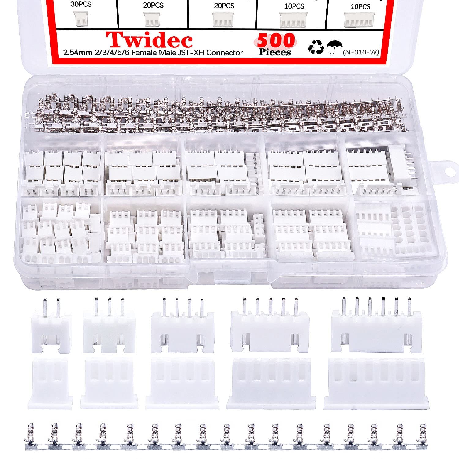 Twidec/500PCS 2.54mm JST Connector Kit with 2/3/4/5/6 Male and Female Pin Housing Connector Adapter Plug and 2.54mm Female Pin Header Wire Terminal Kit N-010-W