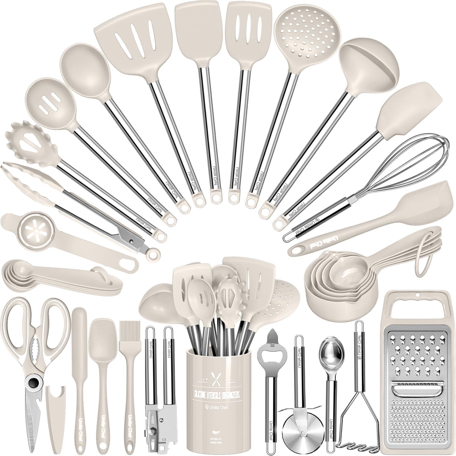 Kitchen Utensils Set-Umite Chef 34 Pcs Silicone Cooking Utensils Set for Nonstick Cookware-Silicone Spatulas Set, Stainless Steel Handle-Khaki Kitchen Gadgets Tools, Pots and Pans Accessories