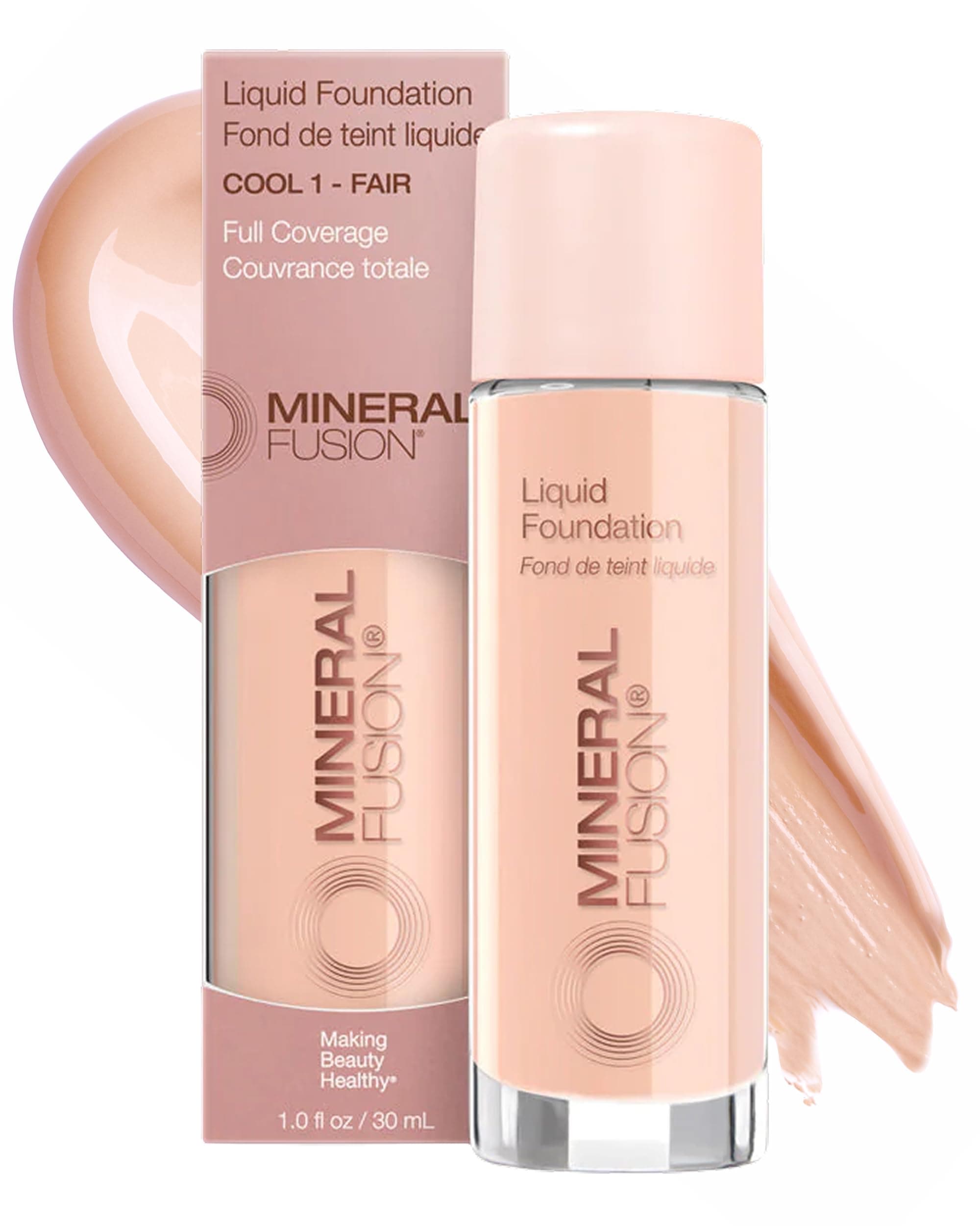 Mineral Fusion Full Coverage Foundation, Liquid Foundation - Cool 1 - Fair Complexion w/Pink Undertones, Lightweight Matte Finish, Up to 12 Hr Hydration, Hypoallergenic & Vegan, 1 fl. oz