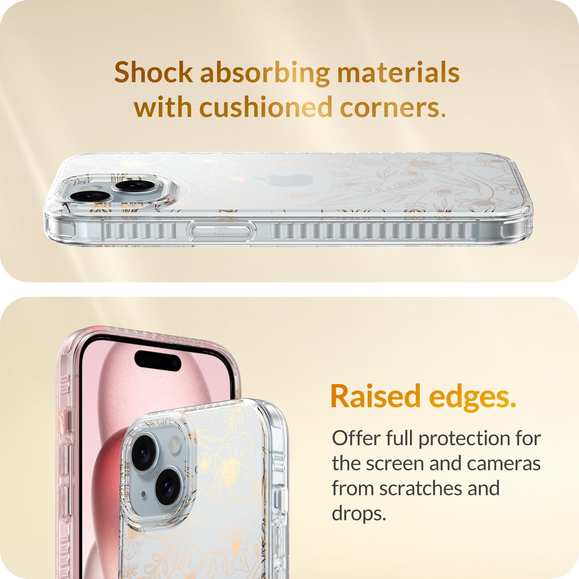 LONLI Hue Case for iPhone 15 Plus - [360° Shock-Absorbent Bumper] - [Cute and Unique Phone Cover for Girls and Women] - Gold Floral