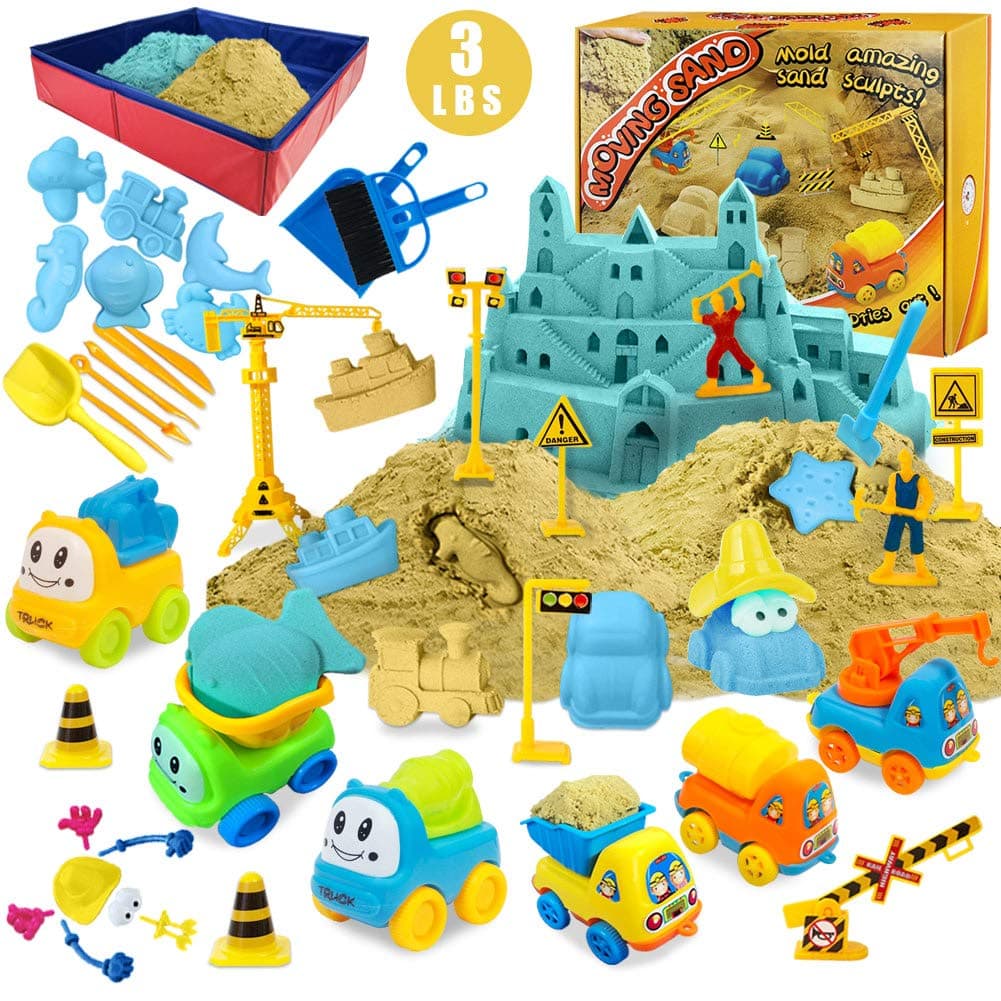 Play Construction Sand Kit - 3lbs Sand with 2 Colors, 6 Mini Construction Trucks, Construction Toys and Signs, Animal Mold, Modeling Tools, Foldable Sandbox with Clean Set Gifts for Boys Girls