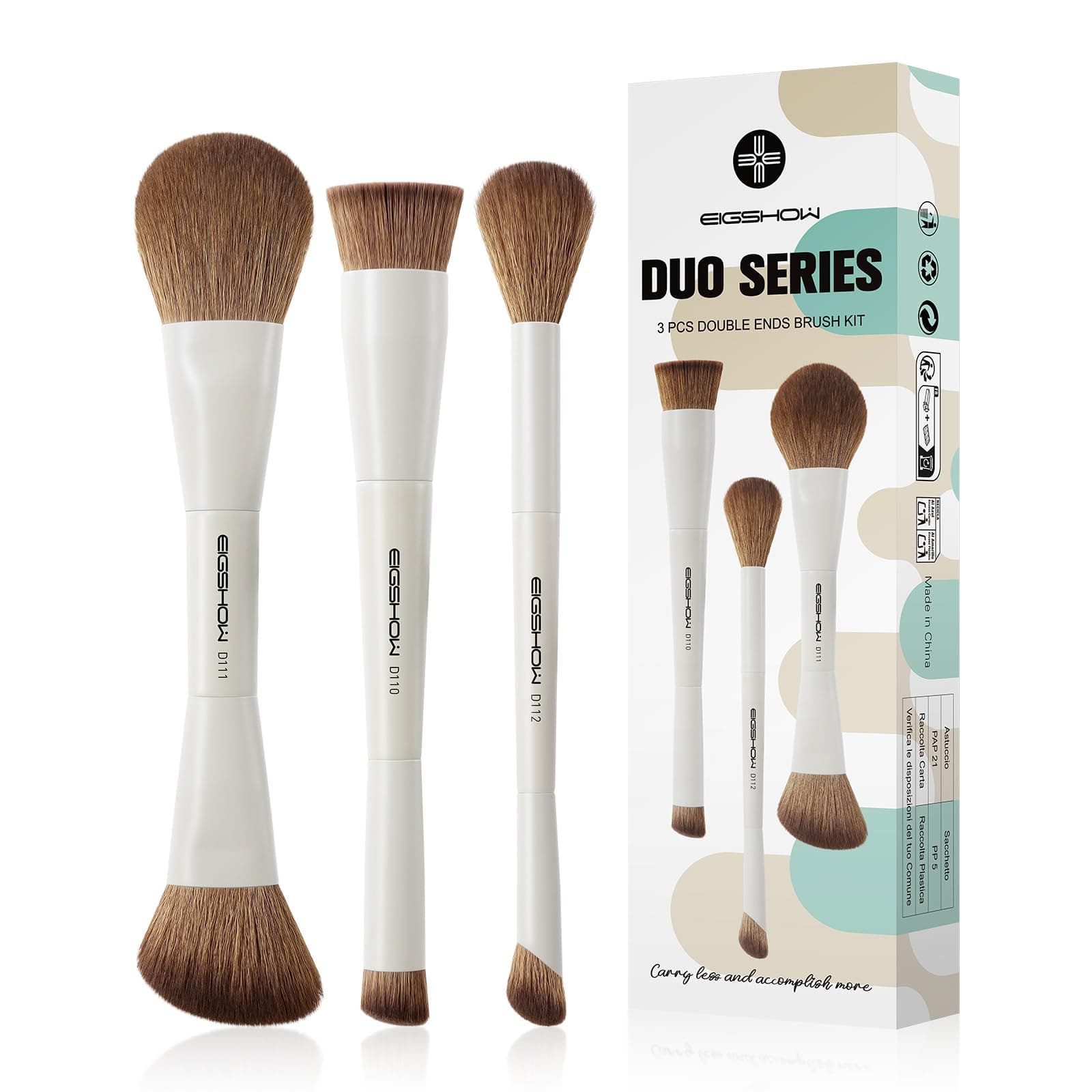 Makeup Brush Set, 3Pcs Double Ended Face Makeup Brushes for Foundation Powder Contour Highlight Concealer Nose Shadow, Travel Gift Set (Beige)