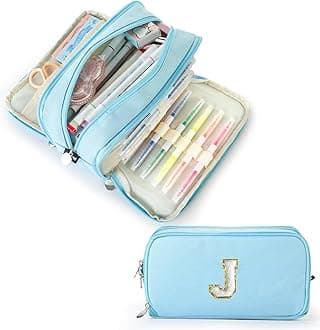 Extra Large Capacity Pencil Case 3 Compartment Initial Pencil Pouch Personalized Cute Aesthetic Stationery Pen Case Bag for School Teen Girl Boy Men Women Gift (J, Blue)