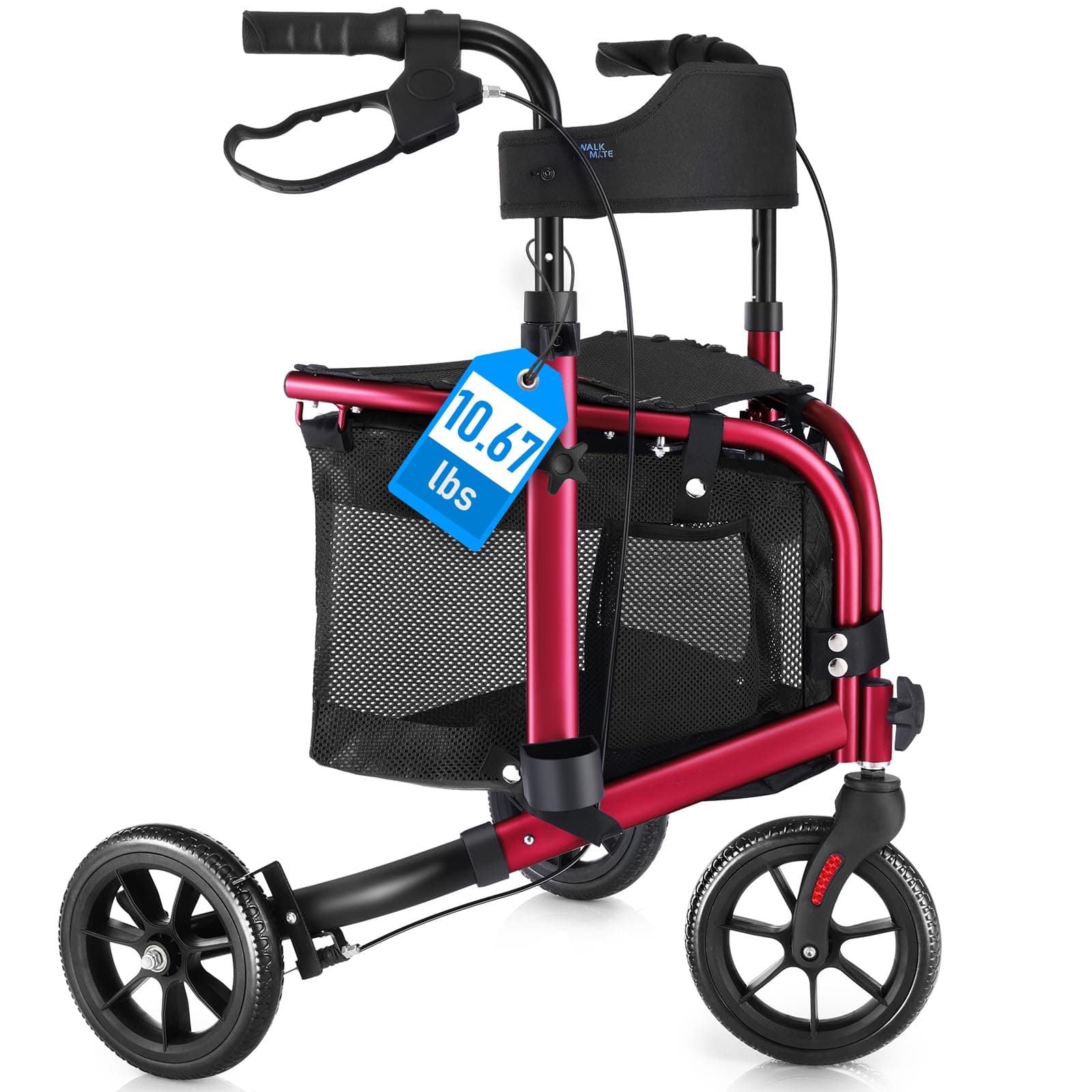 WALK MATE 3 Wheel Rollator Walker with Seat for Slim Seniors, Padded Backrest Lightweight Foldable Travel Walker Ideal for Elderly, 8 Inch Tri-Wheel Modern Mobility Walking Aid Aluminum, Red