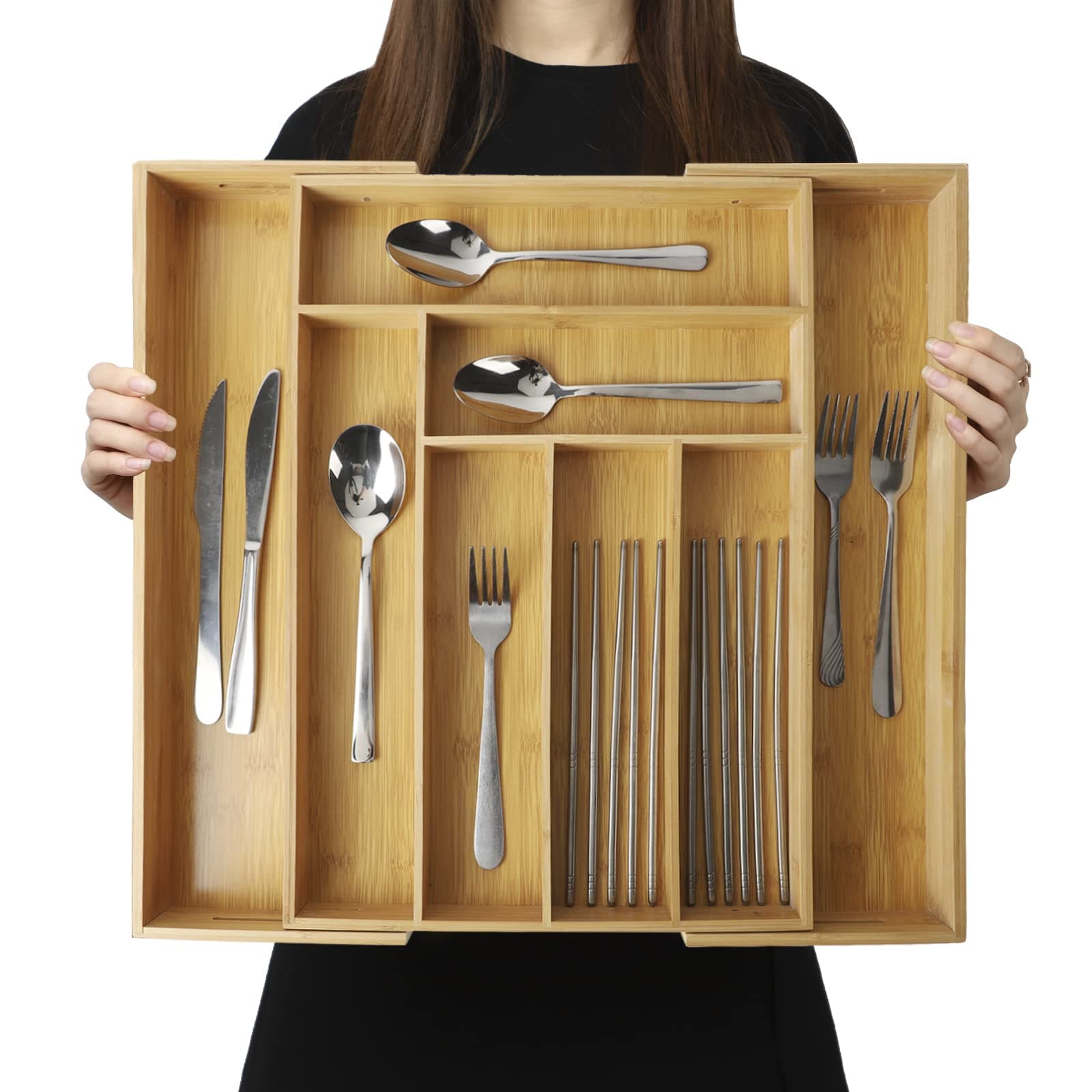 BAMOTTO CRAFTBAMBOO Expandable Bamboo Kitchen Drawer Organizer – Silverware Organizer, Utensil Holder & Cutlery Tray Drawer Dividers for Flatware (20"x16.9" Large Size, 8 Slot, Natural)