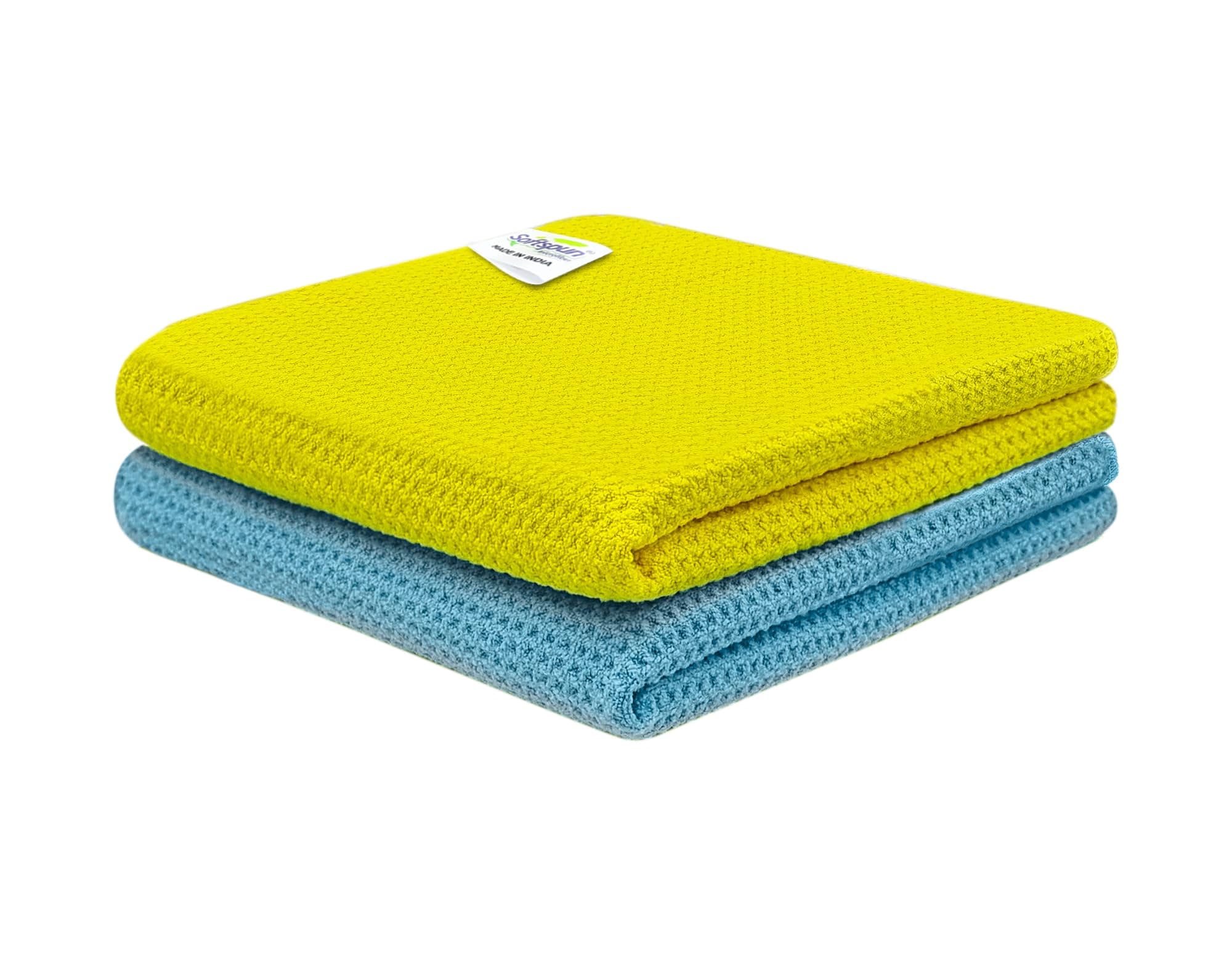 SOFTSPUN Microfiber Drying Cloth, 40x40 Cms 2Pcs Waffle Weave Towel Set 400 GSM Multicolour Super Absorbent Lint & StreakFree Cloth Cleans and Polishes for Car Window Glass Office & Home.