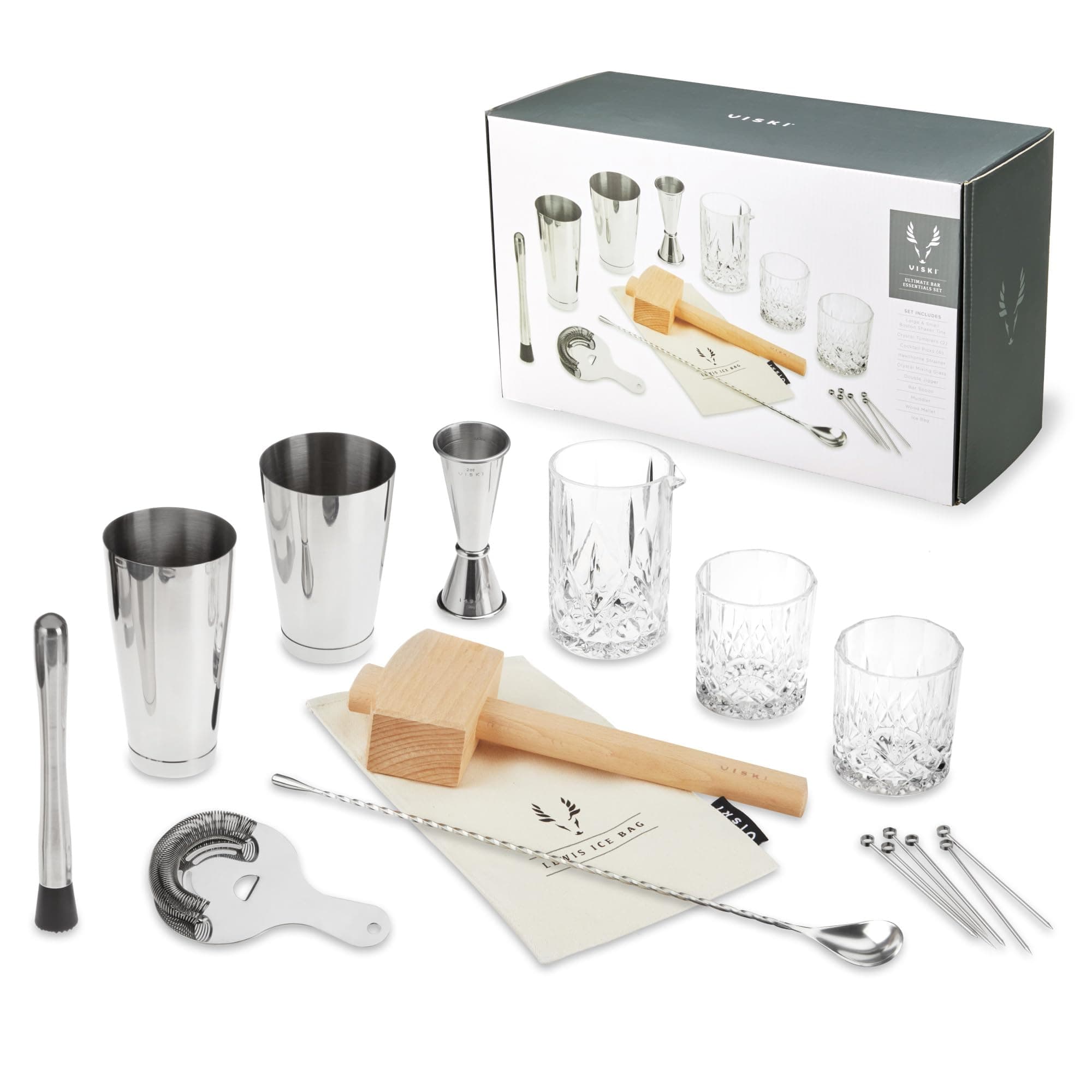 Viski Bartender Kit and Barware Set Includes Boston Cocktail Shakers, Mixing Glass, Jigger, Muddler, Strainer, Bar Spoon, Whiskey Glasses, Ice Bag, Mallet, and Cocktail Picks, Home Bar Gifts, 17-Piece
