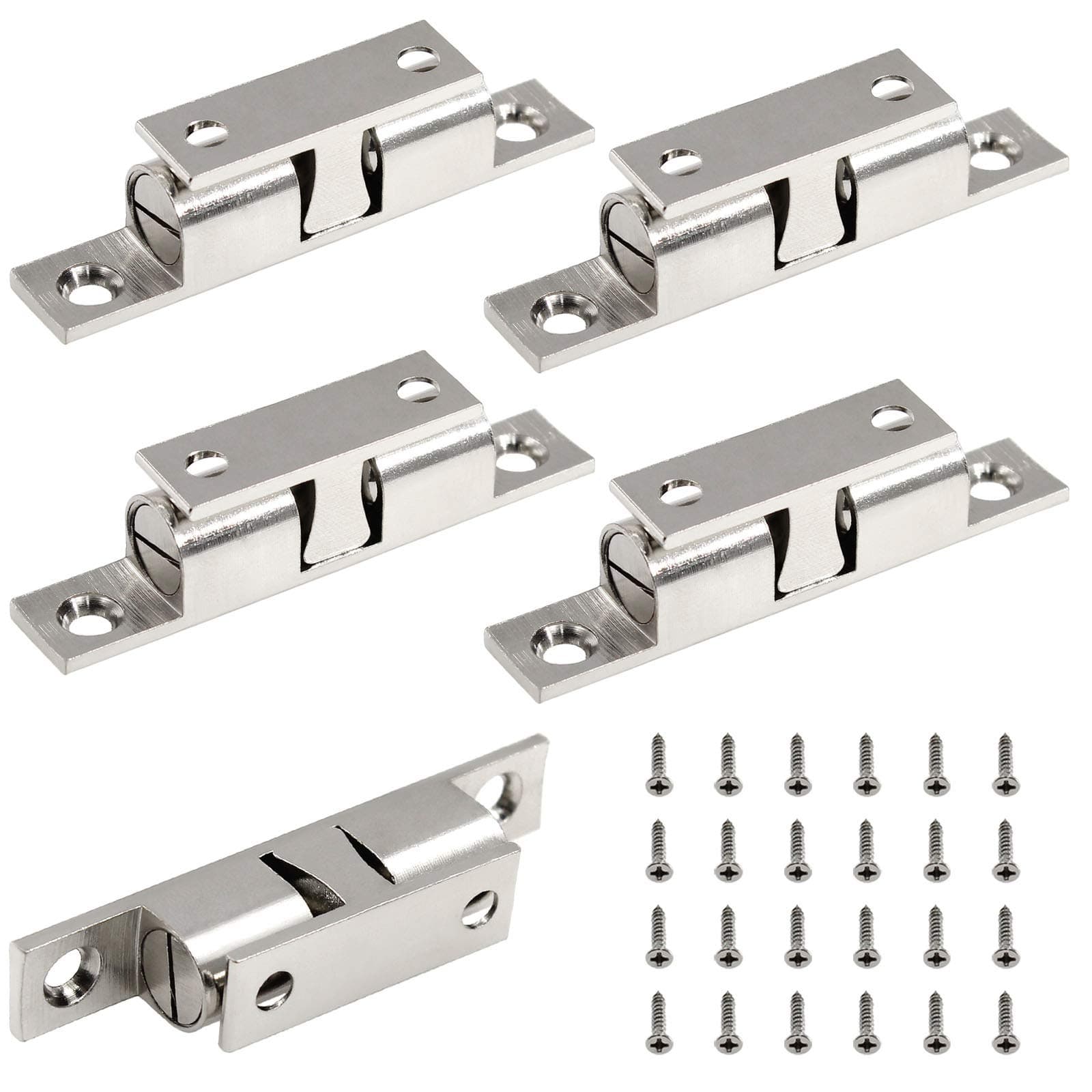 5Pcs 2.75"/ 70mm Double Ball Tension Roller Catch Latch, Solid Brass Hardware Fitting with Screws for Cabinet, Closet & Furniture Door, Chromium Plated