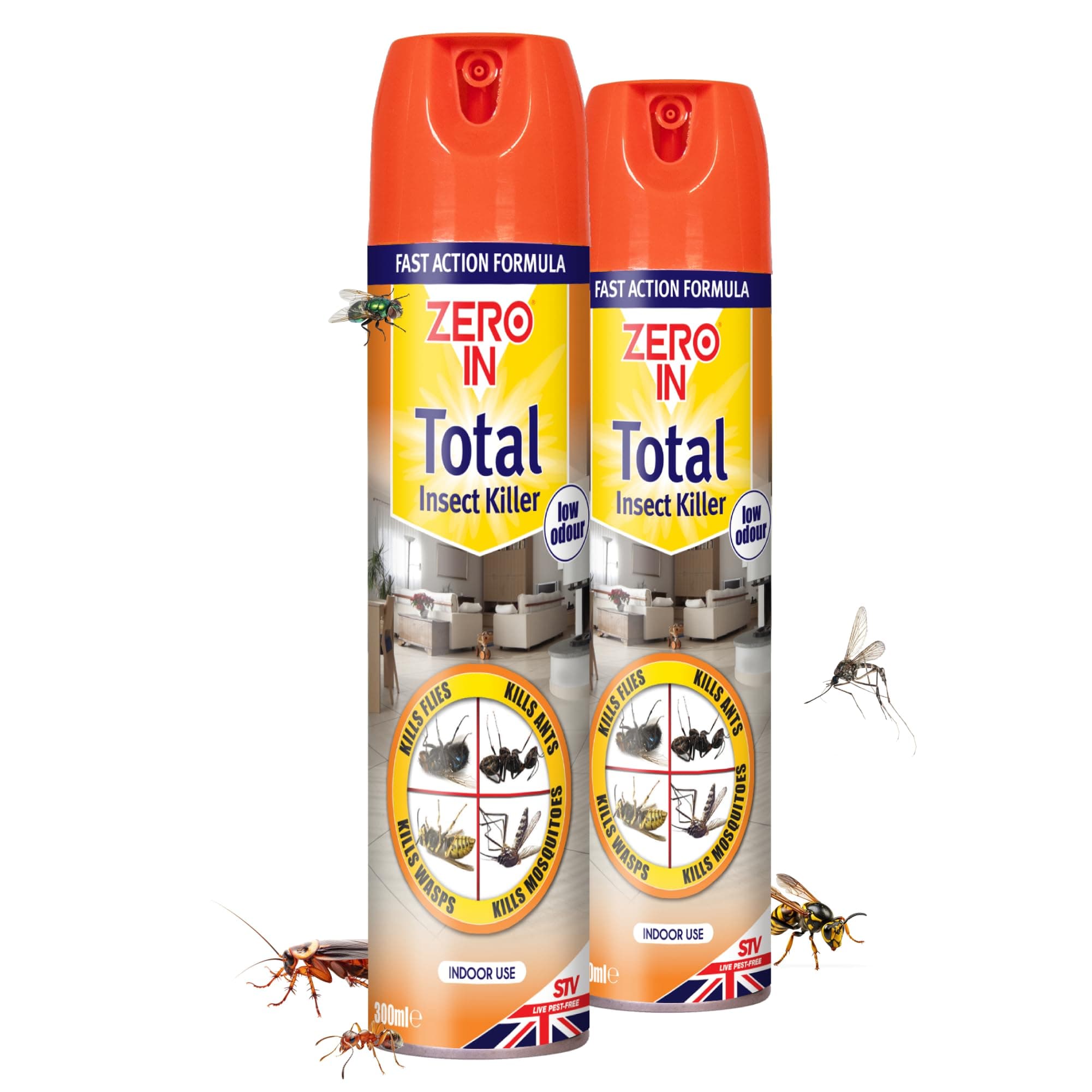 Zero In Total Indoor Insect Killer – Knockdown Action for Indoor Flying & Crawling Insects, – Low Odour, Stain-Free Bug Spray - Suitable for Home Use - 300ml X2 Pack