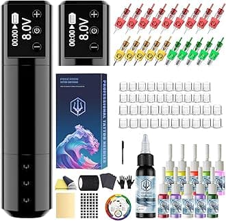 POSEIDON Cordless Tattoo Pen Kit with LED Display, 2 Batteries & 20 Needles | Complete Tattoo Machine for Beginners