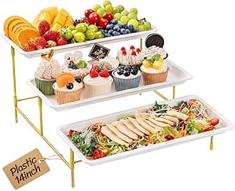 Lifewit 3 Tier Serving Tray for Party, 36 x 17 cm/14 x 6.5 Plastic Serving Platters, White Tiered Tray Stand with Gold Collapsible Metal Stand, Decorative Dessert Table Display Set for Buffet
