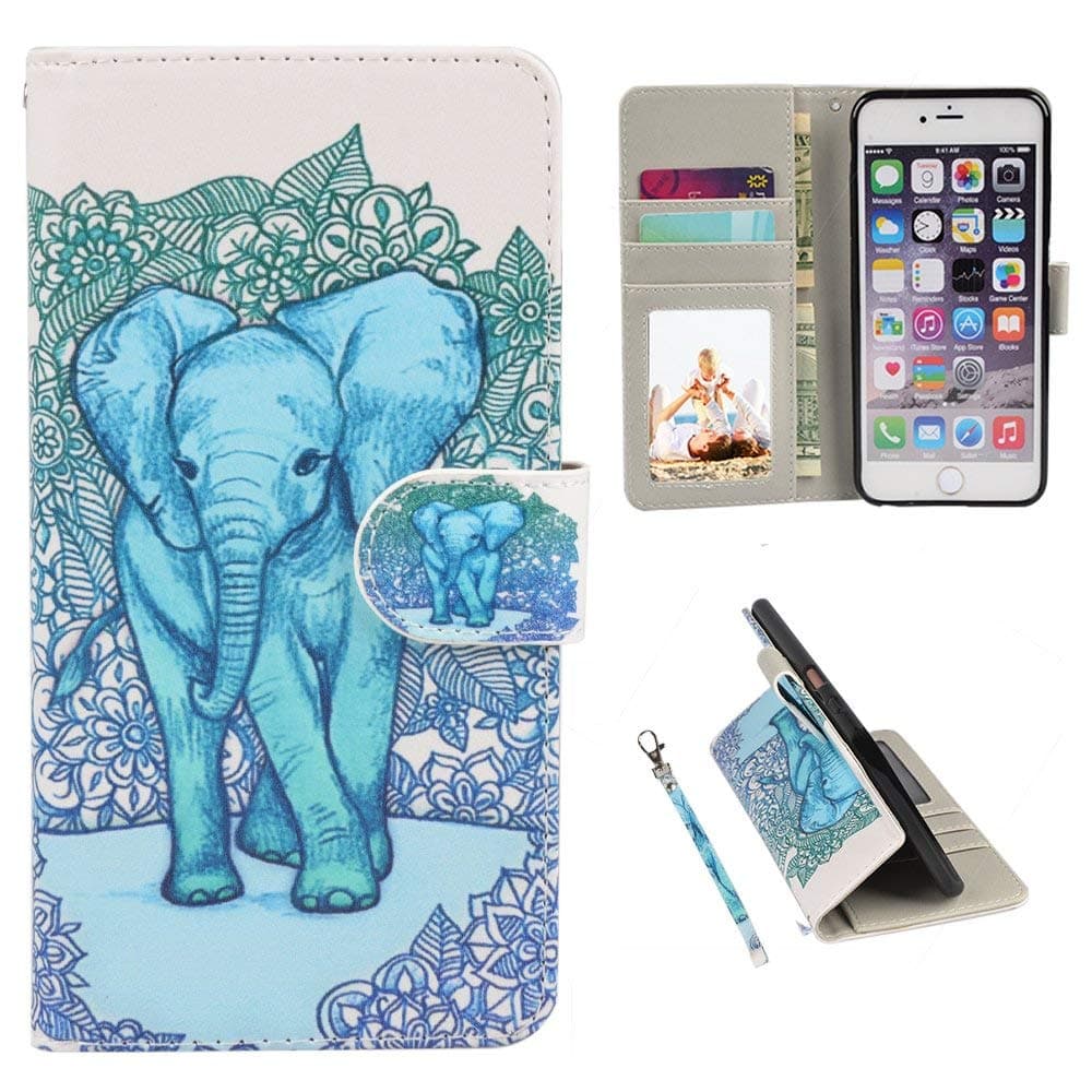 RusseryPek iPhone 6/6s Case, iPhone 6/6s Wallet Case Folio Flip Premium PU Leather Case Cover with Card Holder Slot Pockets,Wrist Strap,Magnetic Closure for Apple iPhone 6/6s 4.7 Inch, Green Elephant