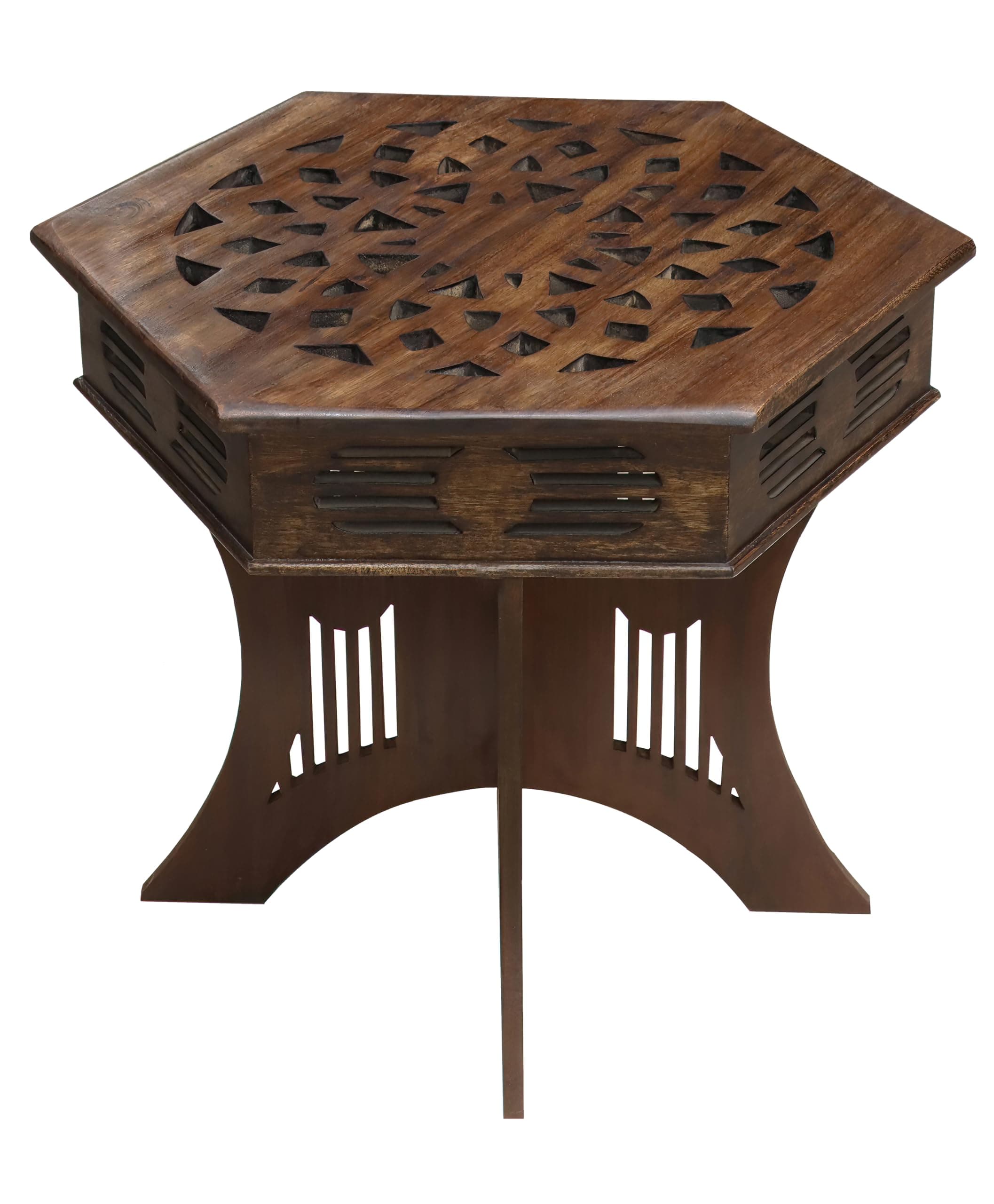 COTTON CRAFT Solid Wood End Table - Hand Carved Moroccan Accent Table - Boho Folding Side Table - Small Spaces Entryway Global Living Room Bedside - No Tools Assembly - 24x20 in - Dark Antique Brown
