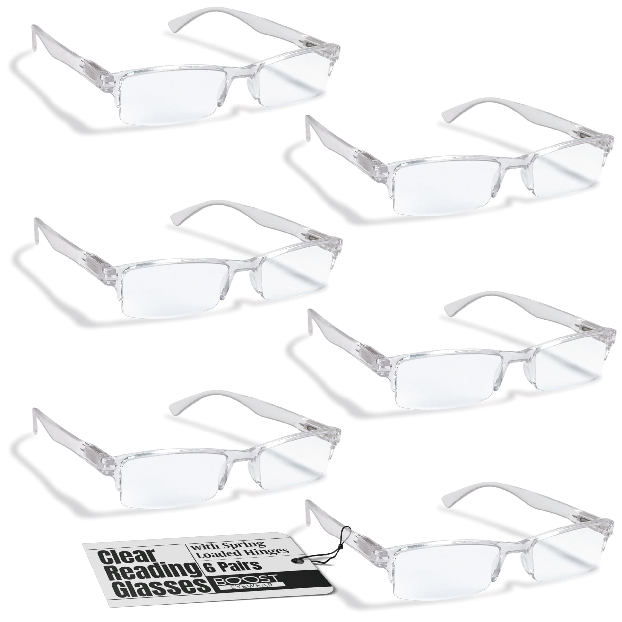 Boost Eyewear 6 Pack Reading Glasses, Clear Half Rim Frames, for Men and Women, with Comfort Spring Loaded Hinges, Clear, 6 Pairs (+3.00)