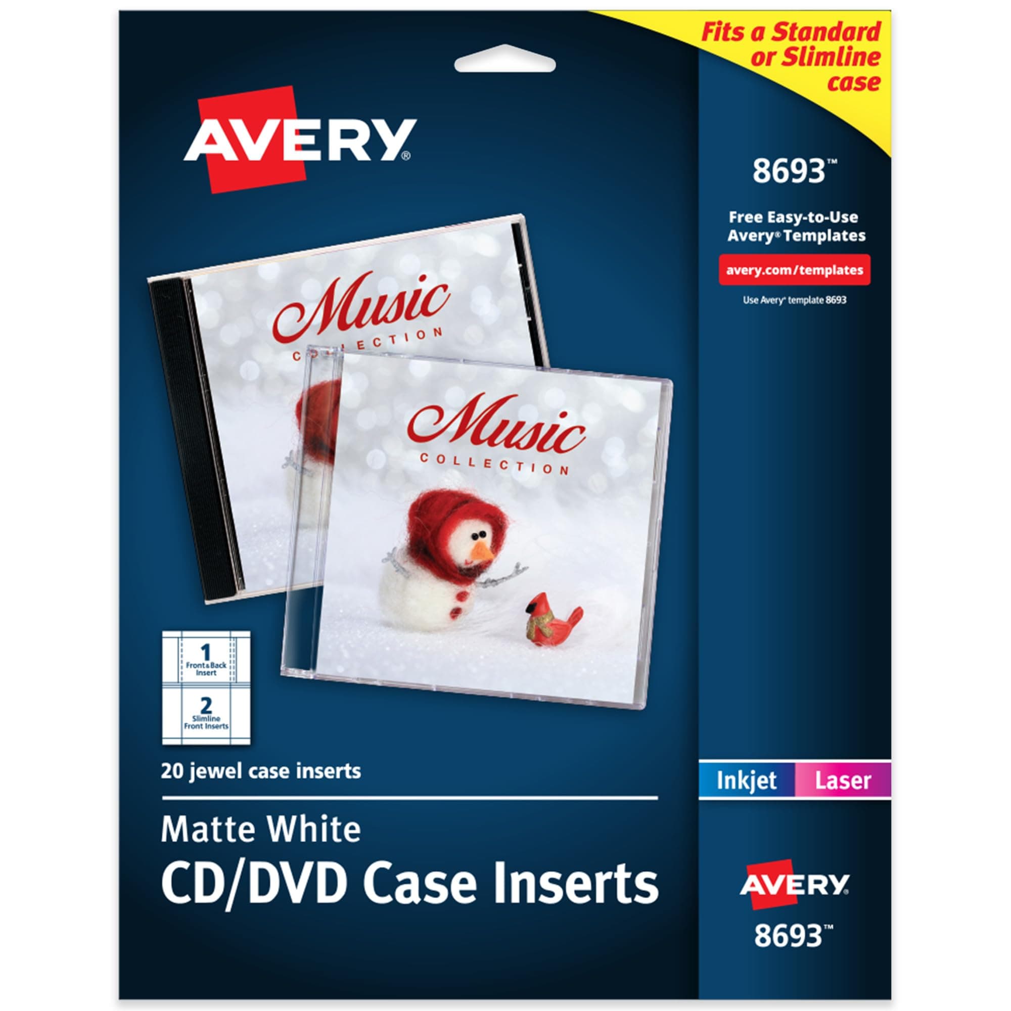 Avery CD/DVD Jewel Case Inserts for Ink Jet Printers, White, Pack of 20 (8693)