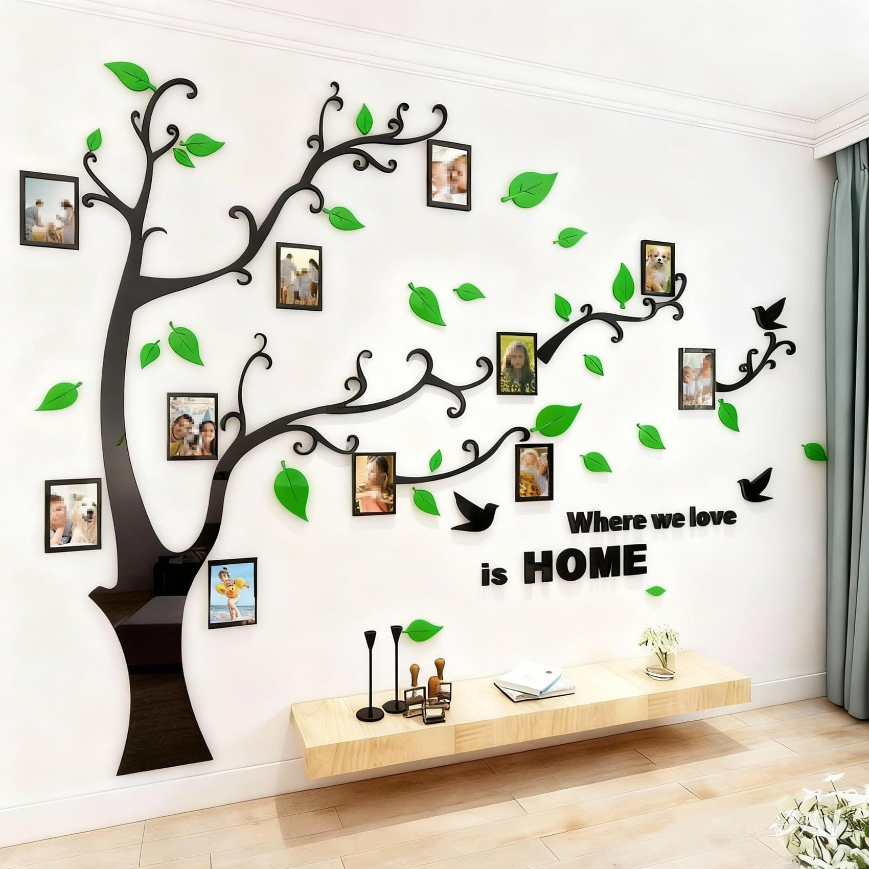 3D Tree Wall Stickers - DIY Photo Frame Tree Wall Decal Family Photo Frame Sticker Murals Wall Decor Living Room Bedroom TV Background Home Decorations (S:54 * 39in,Green Right)