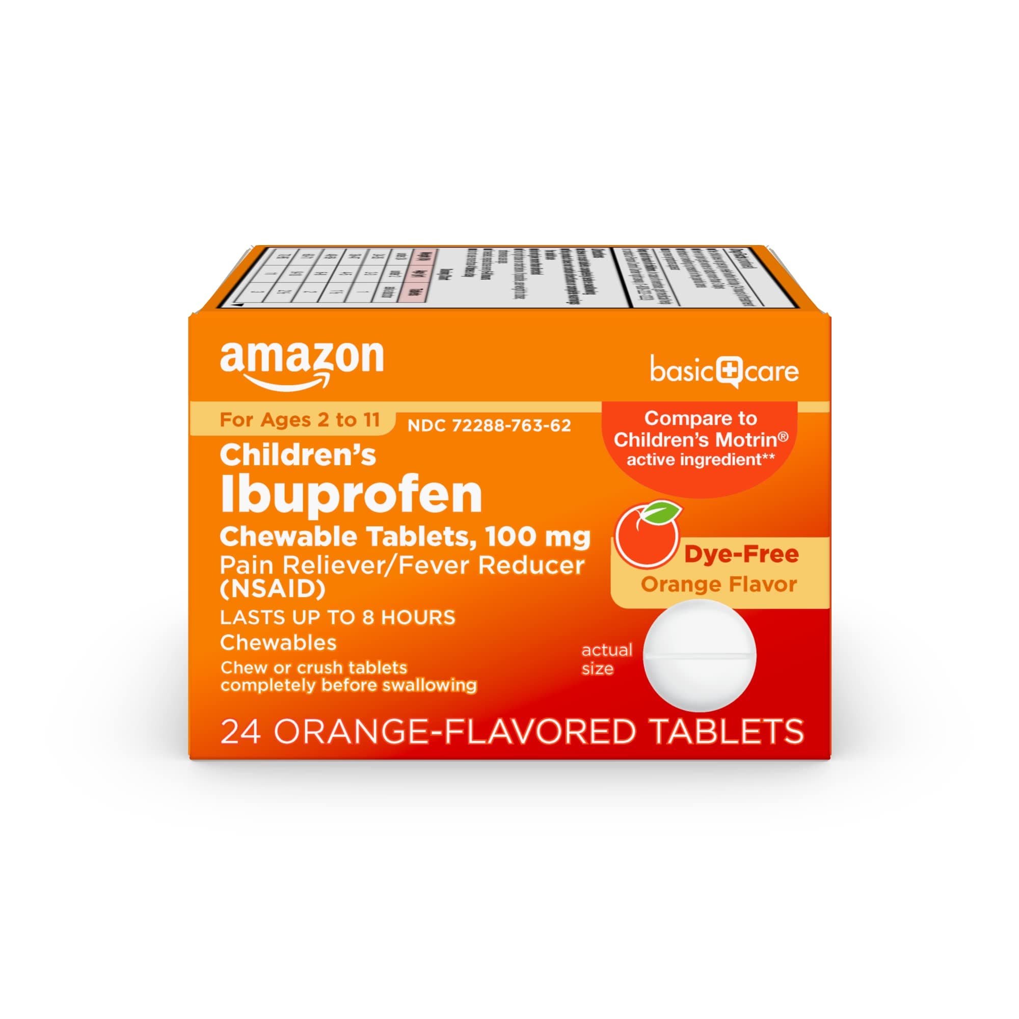 Children's Ibuprofen Chewable Tablets 100 mg, Orange Flavor, Dye Free, Pain Reliever and Fever Reducer (NSAID), For Ages 2-11, 24 Count