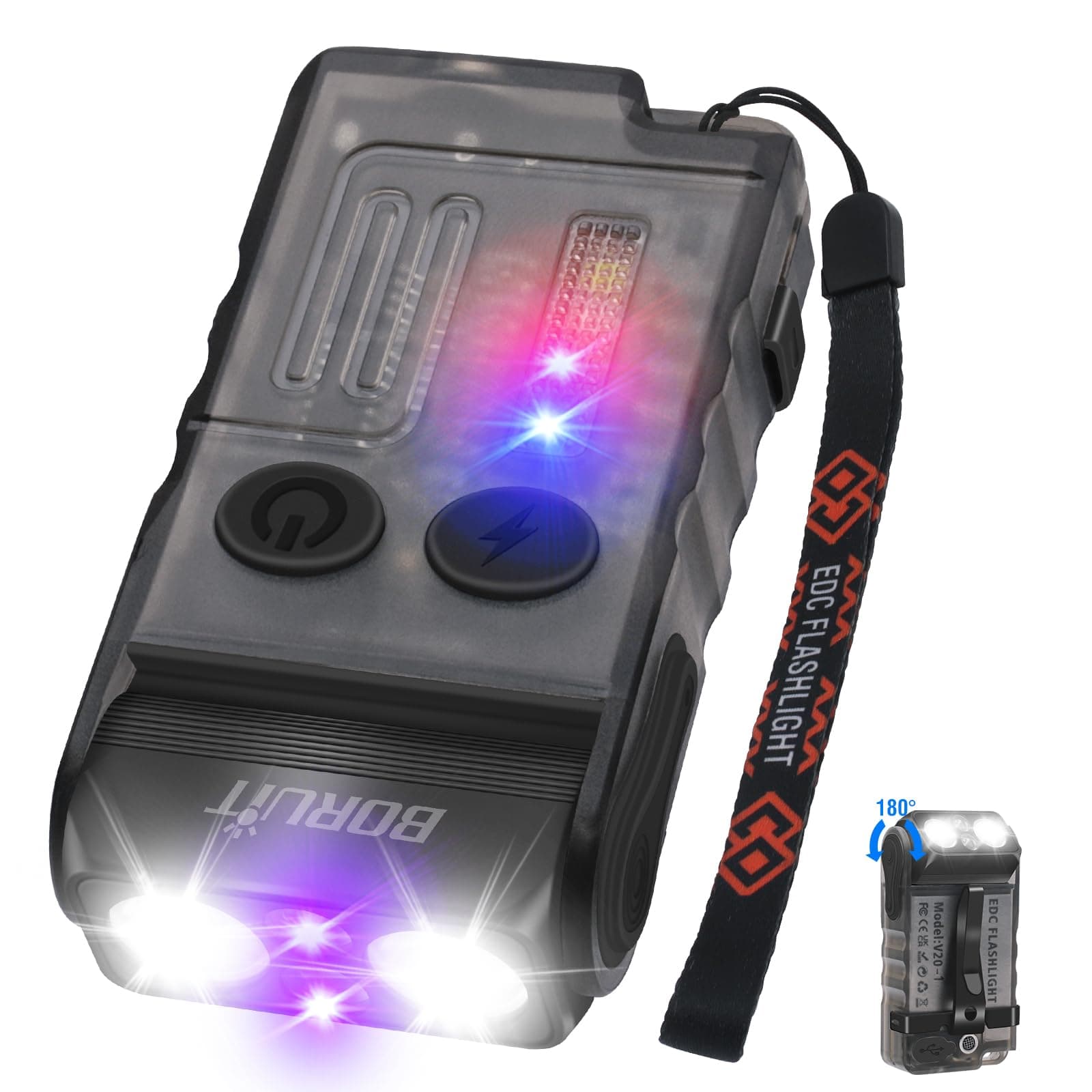 V20 LED Small Powerful EDC Flashlight with 365nm UV Light,180°Head Swivels,Super Bright USB C Rechargeable Mini Pocket Keychain Flash Light with Clip-13 Mode,IP67,Magnetic,110DB Buzzer(Black)