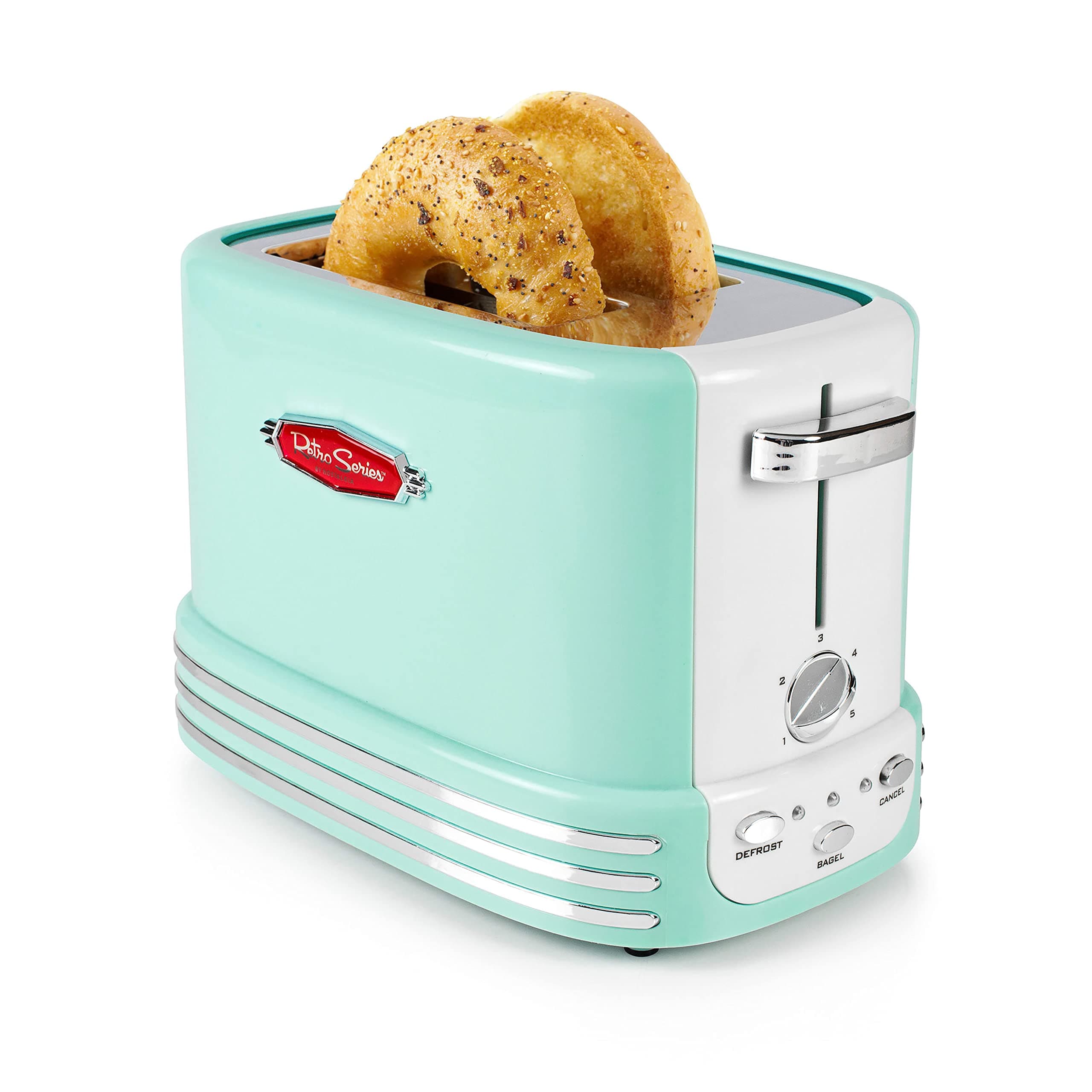 NostalgiaNew and Improved Retro Wide 2-Slice Toaster Perfect For Bread, English Muffins, Bagels, 5 Browning Levels, With Crumb Tray & Cord Storage – Aqua, Turquoise