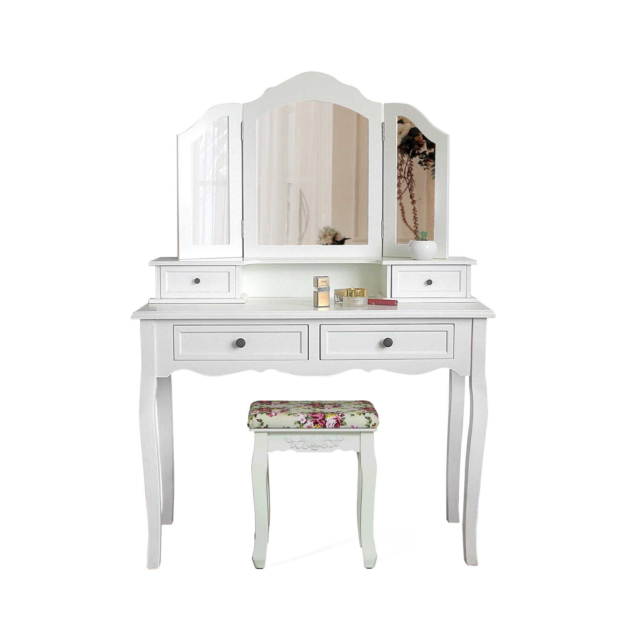 CLOUD SPACE Dressing Table Set »Irene« with Tri Folding Mirror Vanity Makeup Desk, Rose Pattern Cushioned Stool, 4 Drawers,Color:White