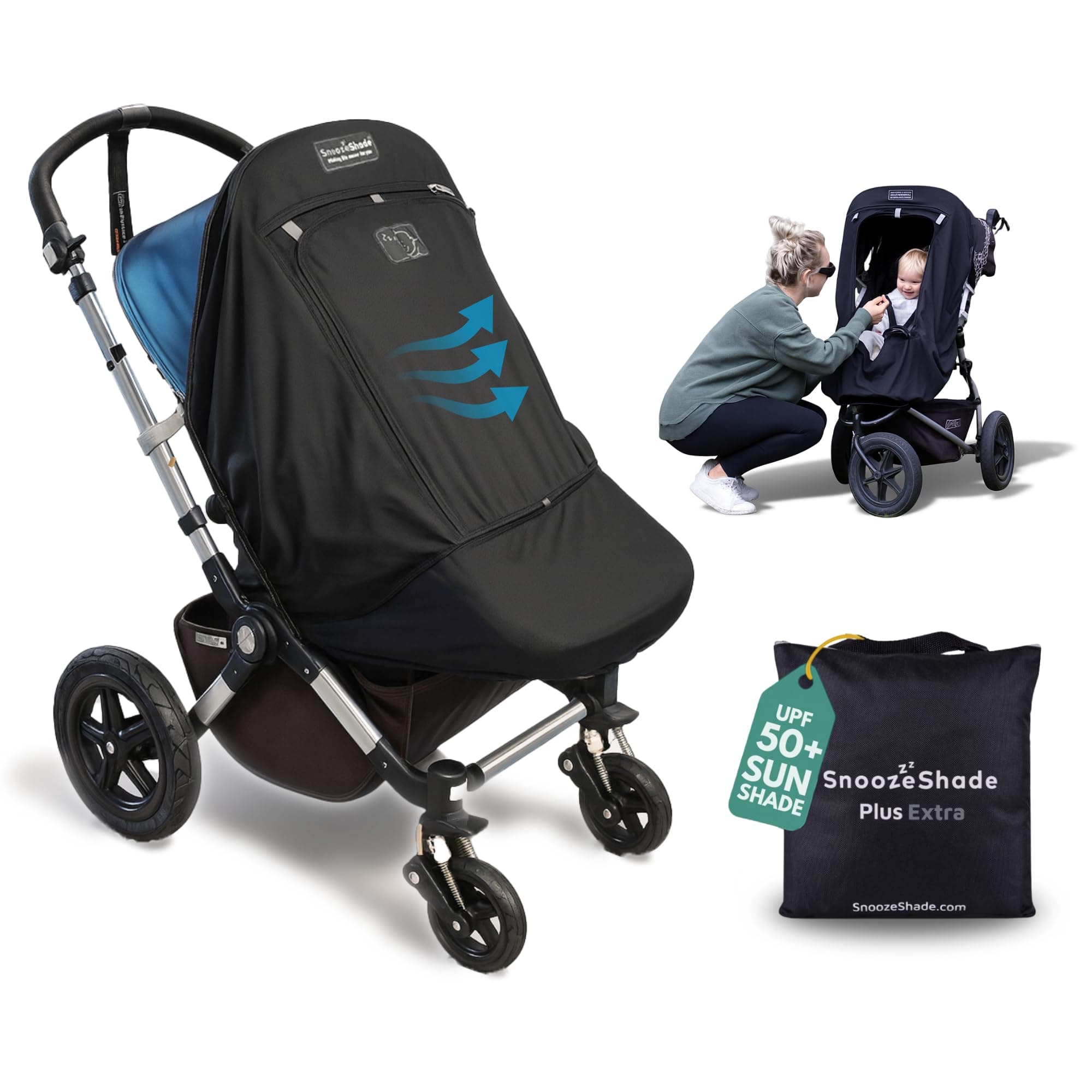 Plus Extra Pram and Stroller Sun Shade Cover Blocks 99% UV UPF50+ Baby Sleep Aid and Breathable Blackout Canopy for Pushchairs Buggies and Travel Strollers
