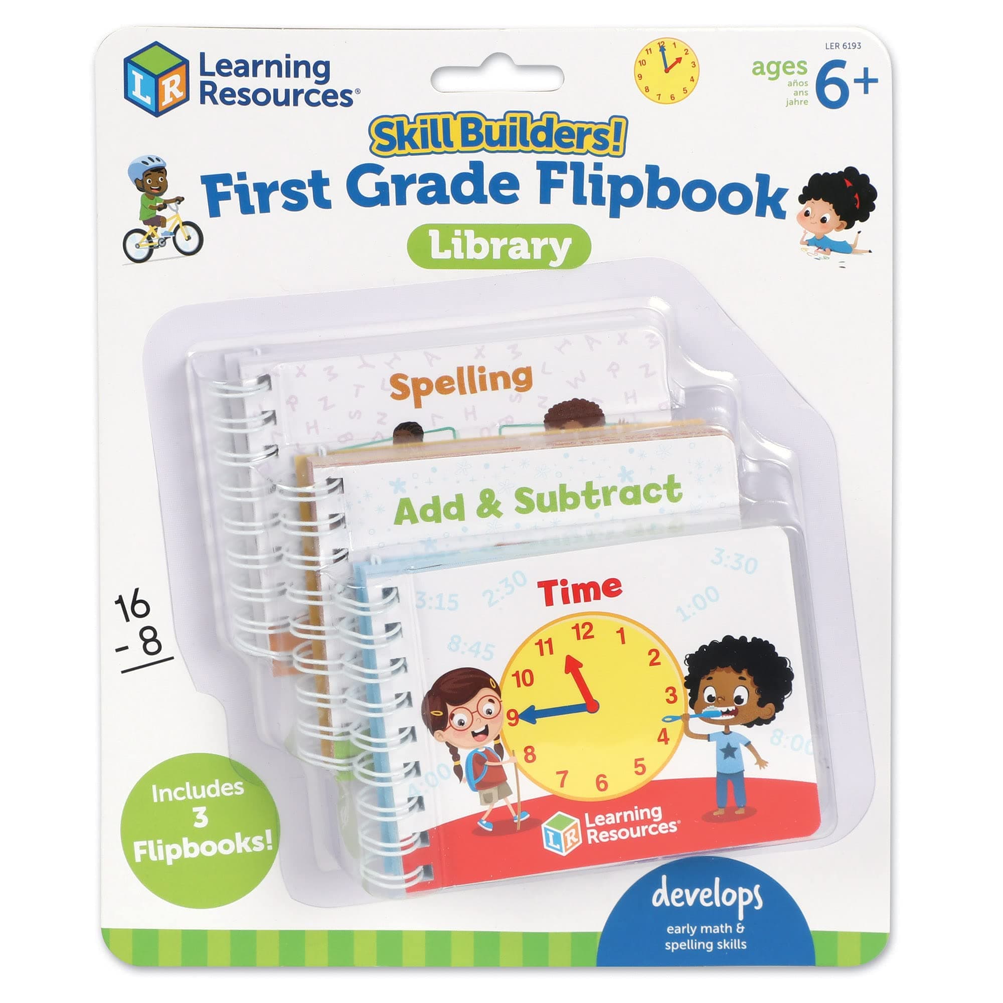 Learning Resources Skill Builders! First Grade Flipbook Library - Early Math and Spelling Activities for Kids, Time Skills, Classroom Must Haves, Montessori Teacher Supplies, Gifts for Boys and Girls