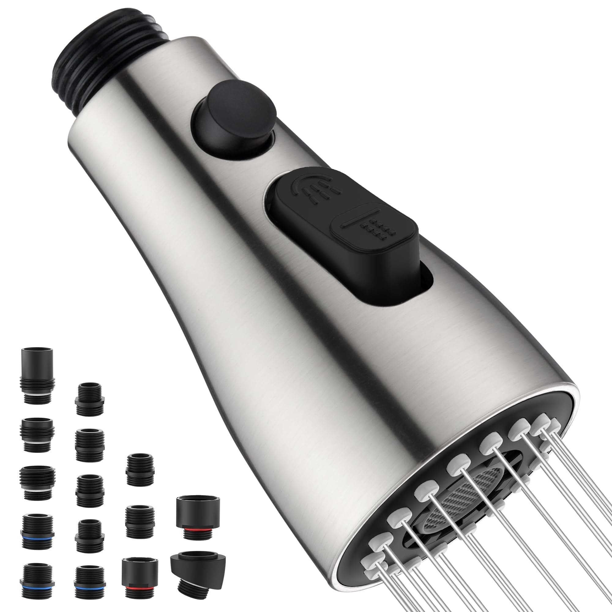 Kitchen Faucet Head Replacement with 15 Adapters - 3 Functions Pull Down Spray Head for Kitchen Faucet, Pull Out Faucet Sprayer Head Nozzle, Kitchen Sink Faucet Sprayer Head Parts, Brushed Nickel