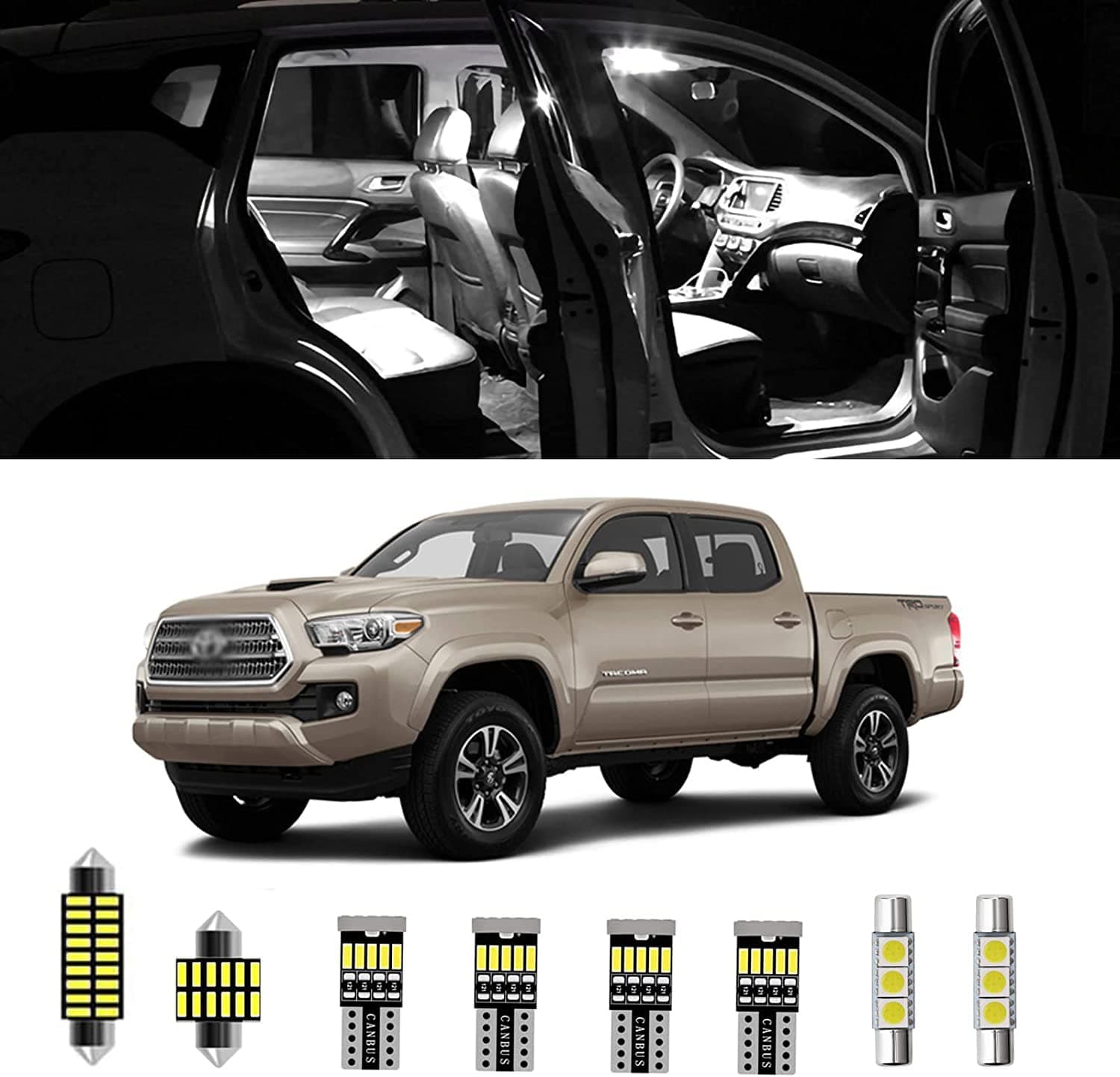 10pcs Tacoma Interior LED Lights Kit Super Bright LED Map Dome Light Bulbs for Toyota Tacoma 2005 2006 2007 2008 2009 2010 2011 2012 2013 2014 2015 2016 2017 2018 2019 2020 2021 2022 all models