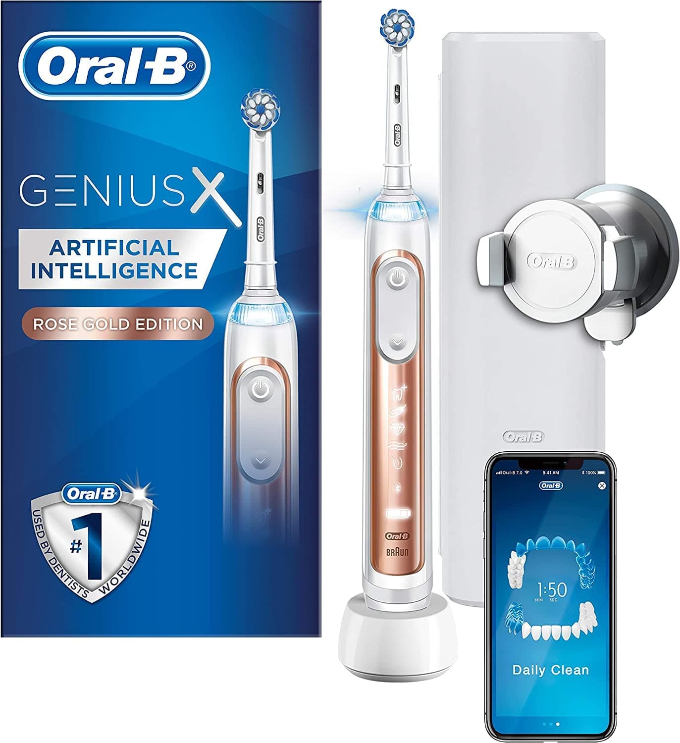 Genius X with Artificial Intelligence Rose Gold Electric Toothbrush, 1 Toothbrush Head, 6 Modes, Gum Pressure Sensor, USB Charging Travel Case, UK 2 Pin Plug, Gift for Men/Women
