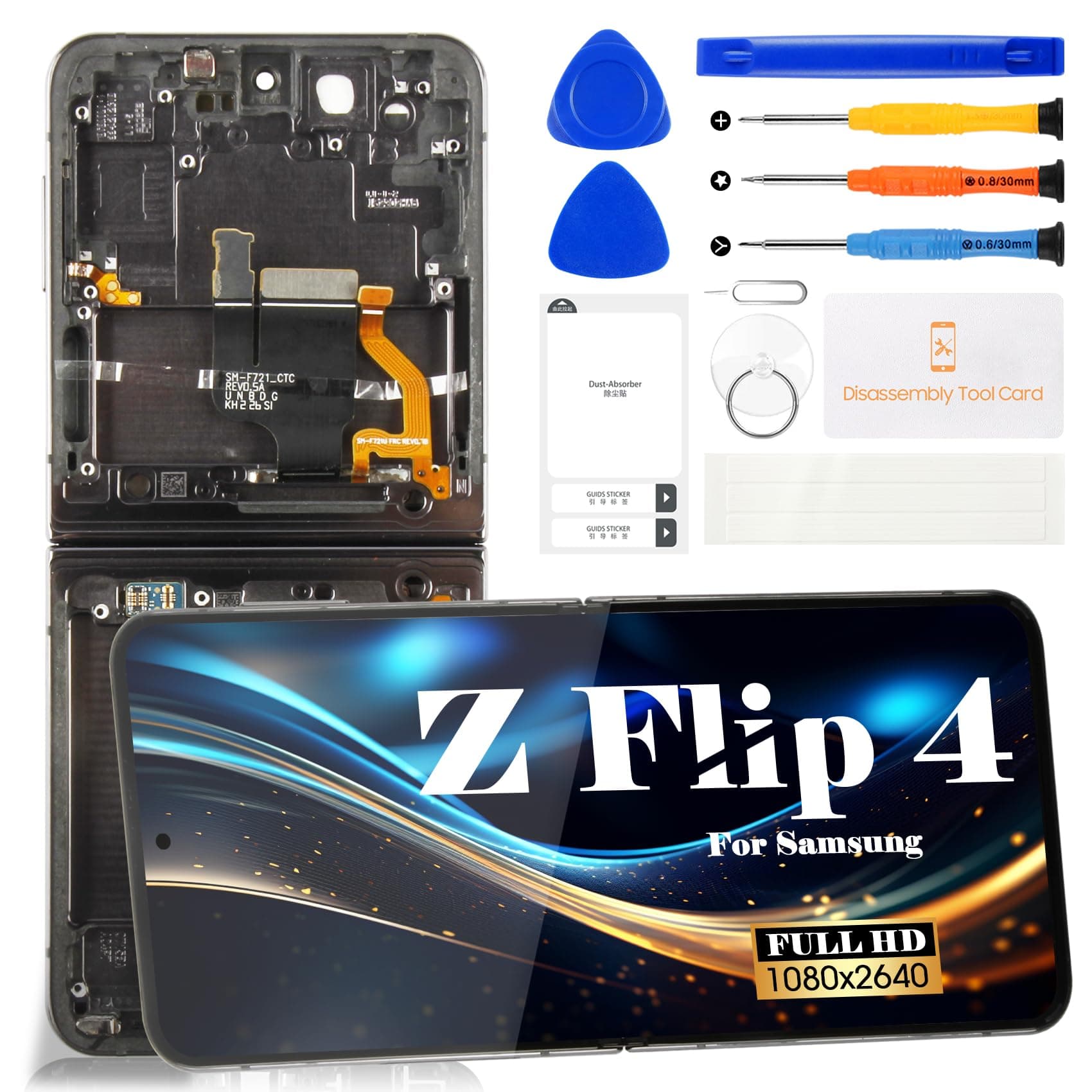 Original for Samsung Galaxy Z Flip 4 Inner Foldable Screen Replacement for Samsung Galaxy Z Flip 4 5G LCD Display SM-F721B Touch Screen Digitizer Assembly Repair Kits (With Frame) (Graphite)