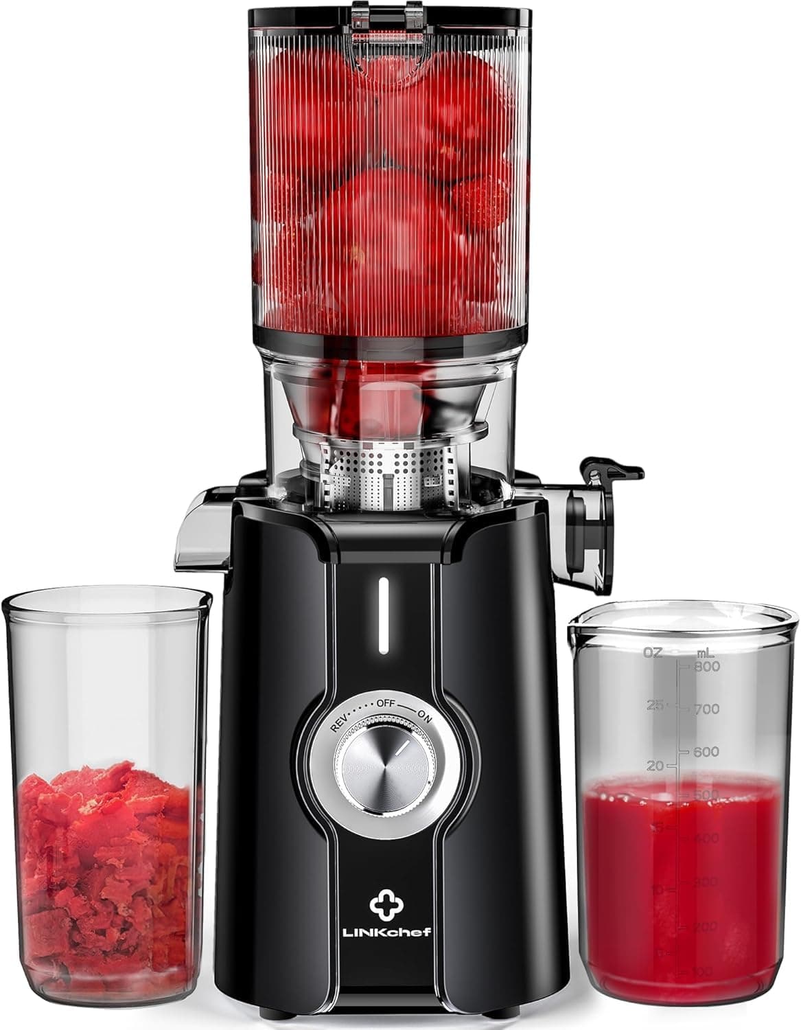 Rush Clear Slow Masticating Juicer Machines, Cold Press Juicer with No-Prep 4.35" Feed Chute Fit Whole Fruits & Vegetables Juicer Machine Easy to Clean, LINKChef 42oz Capacity, 200w, Black