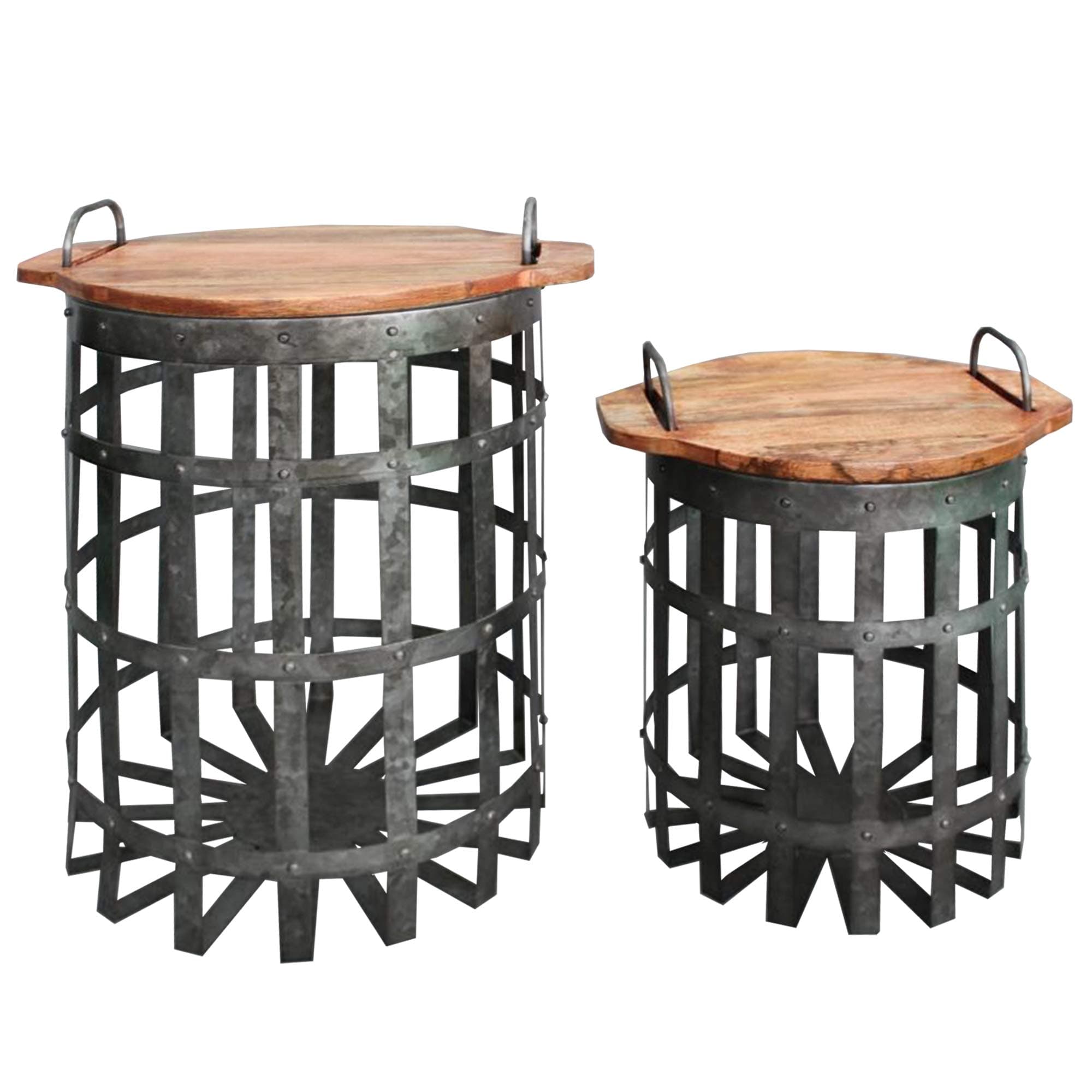 Benjara Industrial Grid Galvanized Accent End Table with Round Lid and Handles, Set of 2, Gray and Brown