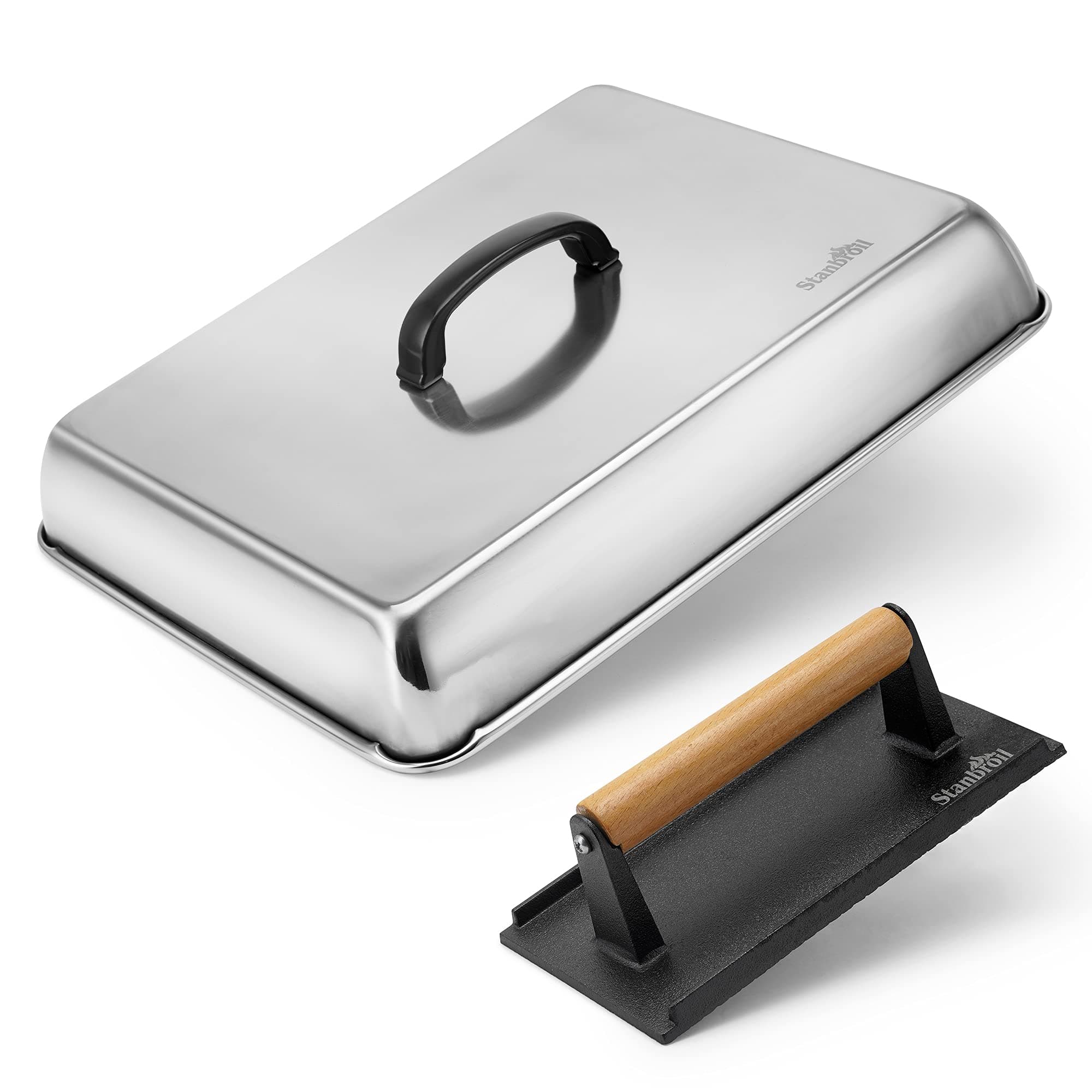 Stanbroil BBQ Grill Accessories Tool Kit - Multipurpose Stainless Steel Rectangular Roasting/Backing Pan and Cast Iron Burger Bacon Press