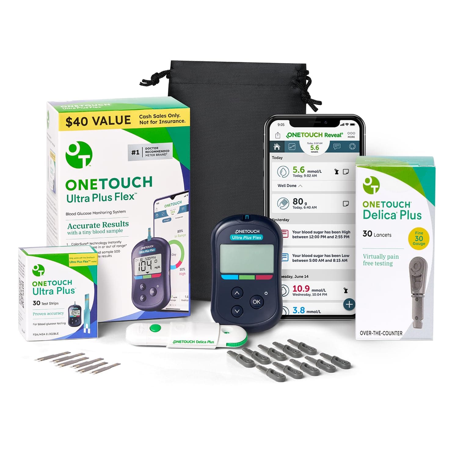 Ultra Plus Flex Value Diabetes Testing Kit | Blood Sugar Test Kit Includes 1 Blood Glucose Meter, 1 Lancing Device, 30 Lancets, 30 Diabetic Test Strips, & Carrying Case