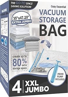 Cozy Essential Vacuum Storage Bags, Compression Space Saver Bags for Clothes, Comforters, Blankets, Pillow, Bedding, Sealer Clothing Storage,4 XXL Jumbo