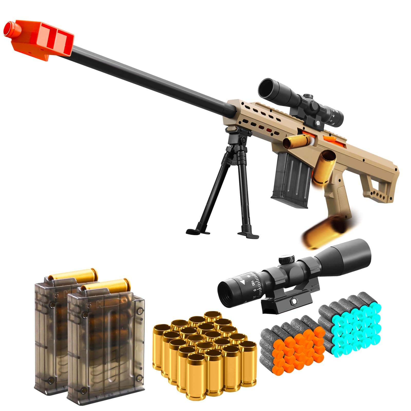 Soft Bullet Shotgun Foam Realistic Pellet Blasters Shell Ejecting Toy Gun Dart Sniper with Scope Rifle Fake Gun Stress Shot for Boys Girls Kids and Adults Birthday Gift Age8-12 (Sand colored)