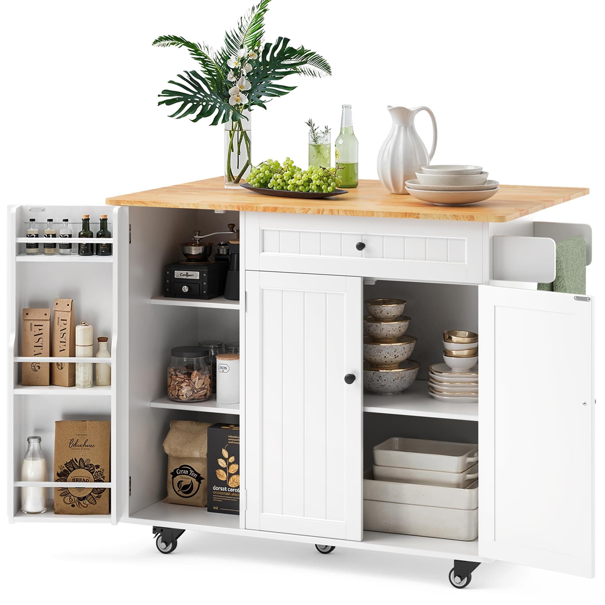 Kitchen Island with Storage, Island Table for Kitchen with Drop Leaf, 5 Wheels, Interal Storage Rack, a Drawer, Spicy Rack and Towel Bar, Sufficient Countertop Space and Storage, White