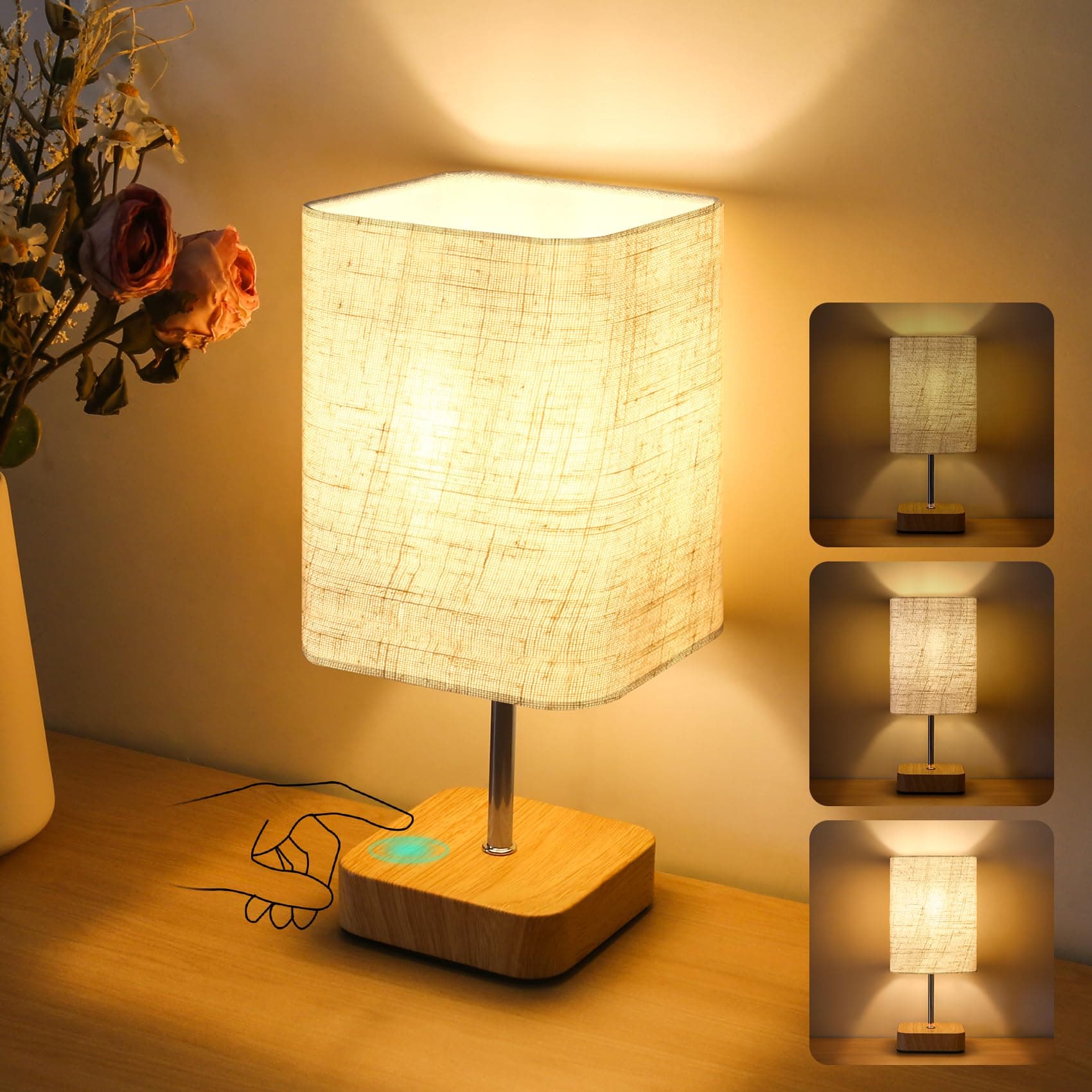Touch Bedside Table Lamp, Dimmable Touch Control Nightstand Lamps,Small Lamp Wood Base Beige Flaxen Fabric Shade for Bedroom,Living Room,Office,Dimmable Bulb Included (1, Wood)