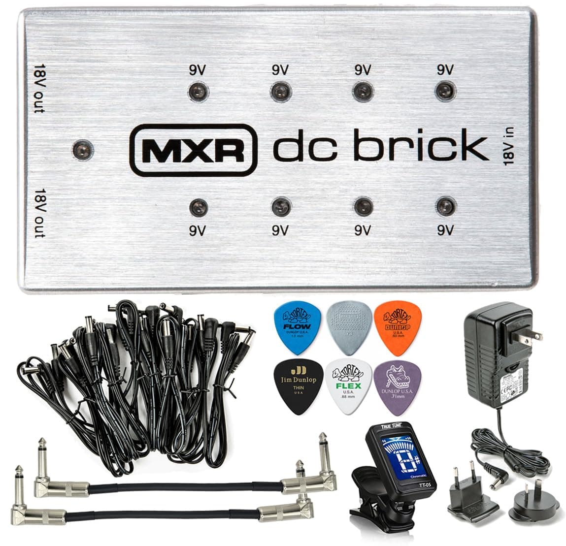 Tonebird MXR M237 DC Brick Effects Pedal Power Supply 9Vx8 and 18Vx2 Outputs Instrument Cable, ECB009 Adapter, Tuner, Picks Patch Cables Bundle