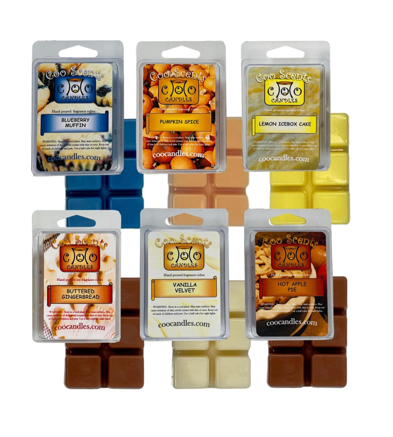 6 Pack Soy Blend Wickless Candle Wax Melt Bar Cubes - Bakery Pack. Hot Apple Pie, Buttered Gingerbread, Pumpkin Spice, Vanilla Velvet, Blueberry Muffin and Lemon Ice Box Cake