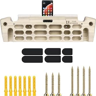 Two Stones Hangboard Rock Climbing Hangboard with Phone Holder, Band Holder, Jugs, Pinches, Pockets, Edges and Slopes; Wood Hang Board for Climbing