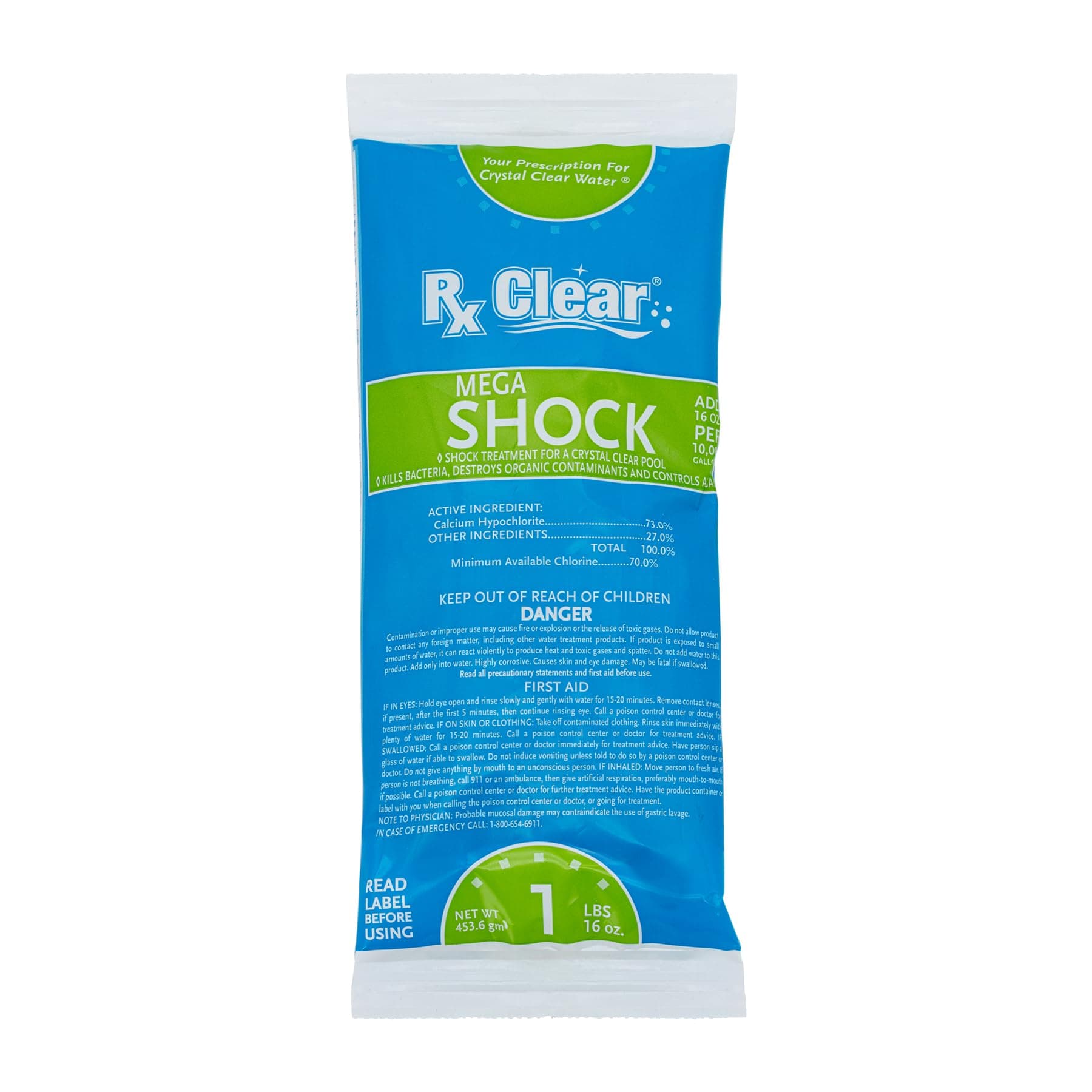 Rx Clear Mega Shock | 73% Calcium Hypochlorite | Kills Algae in Swimming Pools | Works As Pool Sanitizer Clarifier and Algicide | One Pound Bags | Single Pack