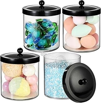 4 Pack 50Oz Large Plastic Apothecary Jar with Black Stainless Steel Lid - Shatterproof Laundry Pods Container - Modern Industrial Bathroom & Kitchen Storage Organizer for Scent Beads, Bath Bombs