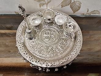 German Silver Hand Engraved Heavy Pooja Thali (Diameter 10.5”) With Full Ghungru Layer And Elephant Legs Stand – Set of 6 Items