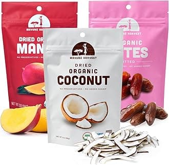 Mavuno Harvest Organic Dried Fruit Variety Pack | Dried Mango, Coconut, and Dates | Healthy, Vegan, No Sugar Added, Non GMO Snacks for Kids & Adults | 2 Ounce, Pack of 3
