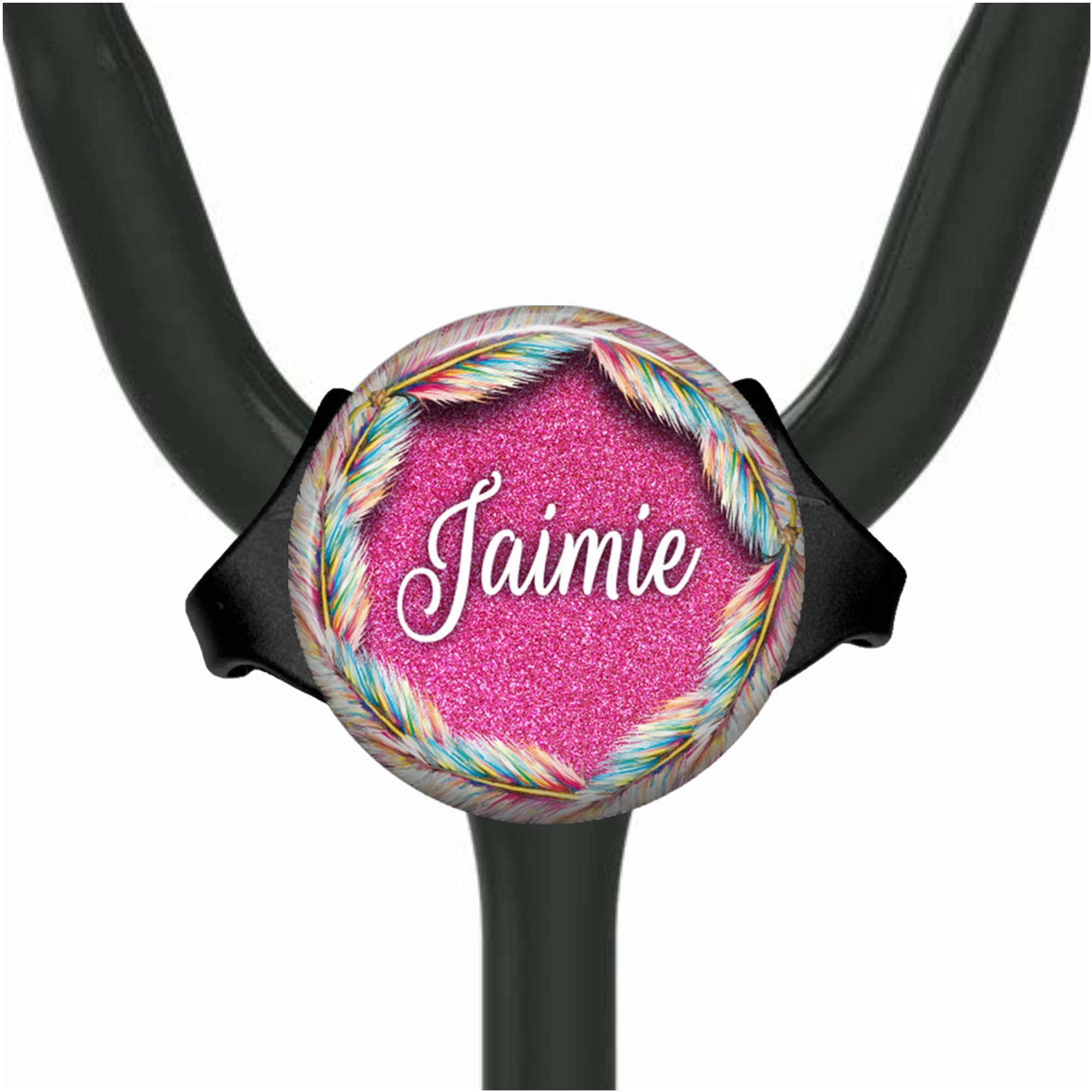 Stethoscope Name Tag Personalized - Rainbow Feather Glitter Adjustable Yoke ID Label - Hospital Nurse Accessories for Work, Doctor Graduation Gift