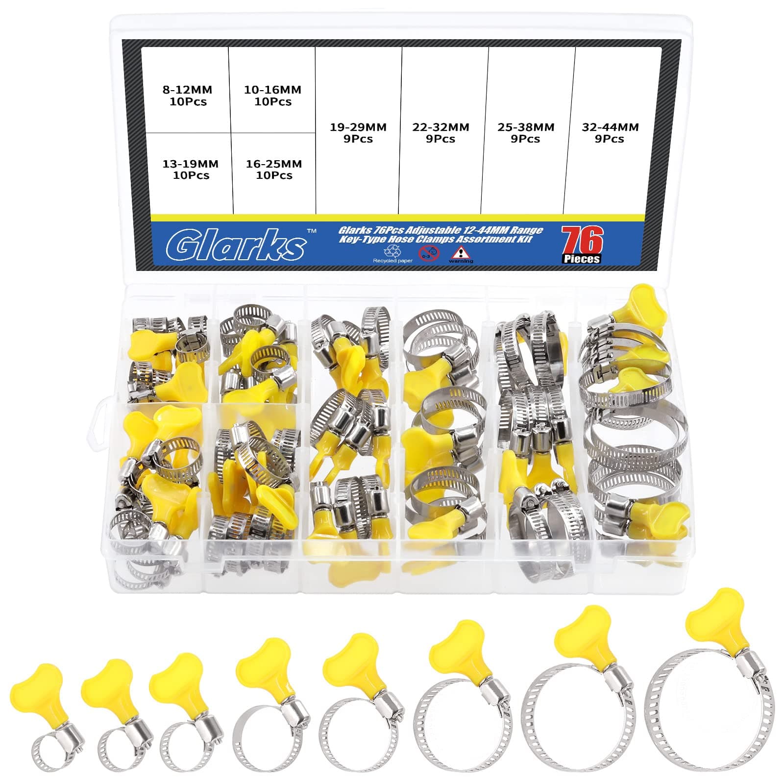 Glarks 76Pcs Adjustable 8-44MM Range Hose Clamps Assortment Kit Key-Type Stainless Steel Worm Gear Hose Clamp with Plastic Handle for Water Pipe, Plumbing, Automotive and Mechanical Application