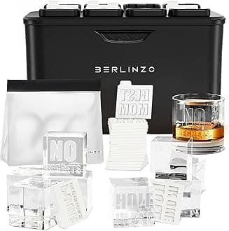 Berlinzo Premium Clear Ice Cube Maker with Conversation Ice Prints – 8 Large 2.1" Crystal Clear Ice Squares – Giftable Idea for Party, Game Night & Just for Fun – Includes Storage Bag (Non-Electric)