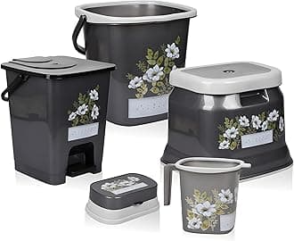 Kuber Industries Bathroom Set | Plastic Bathroom Combo Set | Bucket-Stool-Mug-Dustbin-Soap Holder Set for Bathroom | Modern Bath Set | Printed Bathroom Set | Set of 5 | Gray
